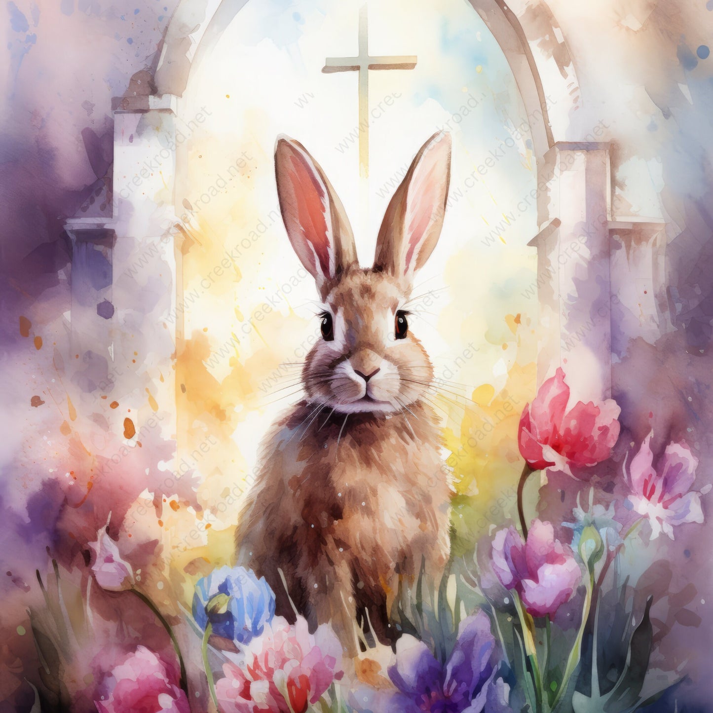 Easter Rabbit with Holy Cross Watercolor Wreath Sign-10"x10" Square-Sublimation-Attachment-Decor-Easter