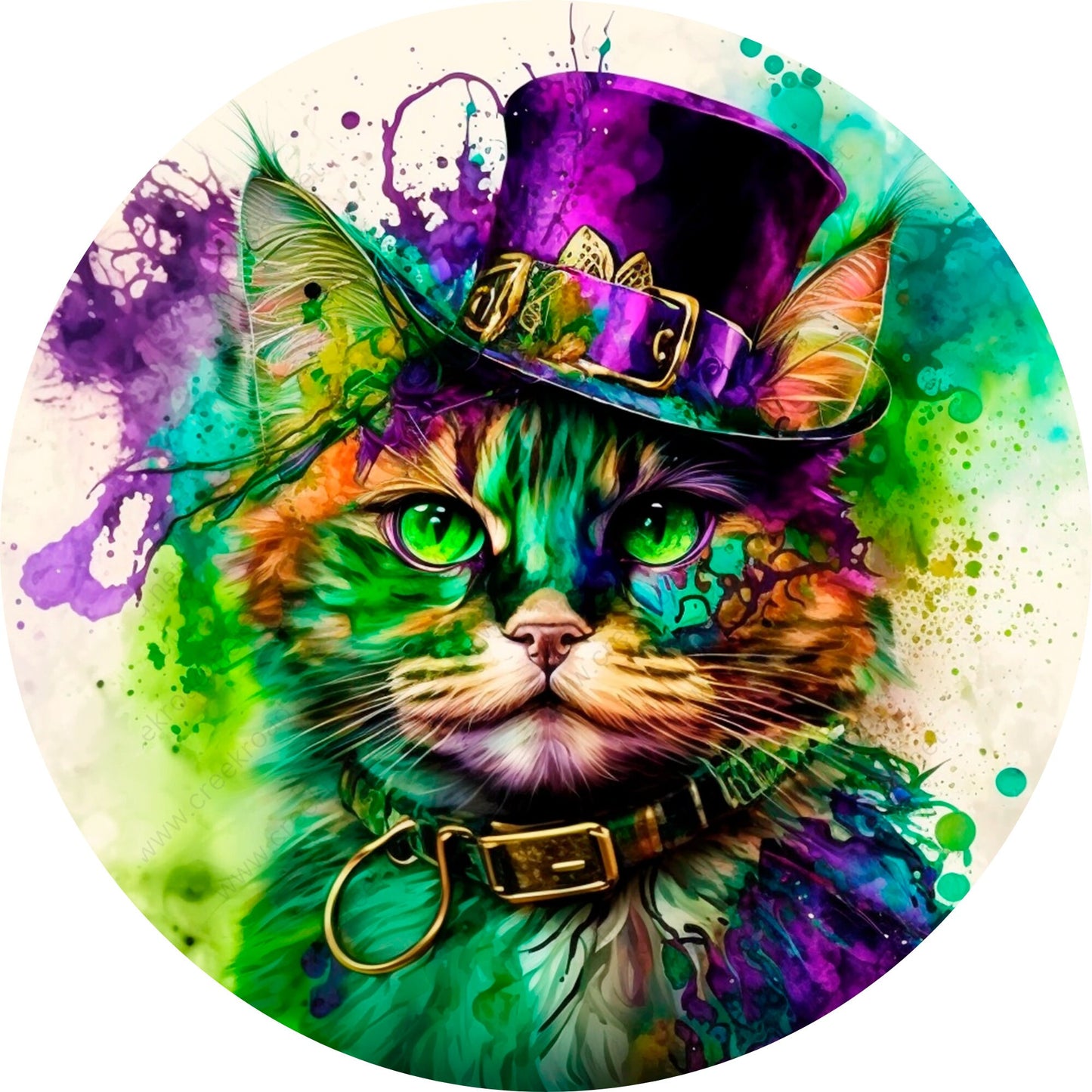 Mardi Gras Party Cat Wreath Sign-Purple, Green, and Gold-Metal-Sublimation-Deocr-Aluminum