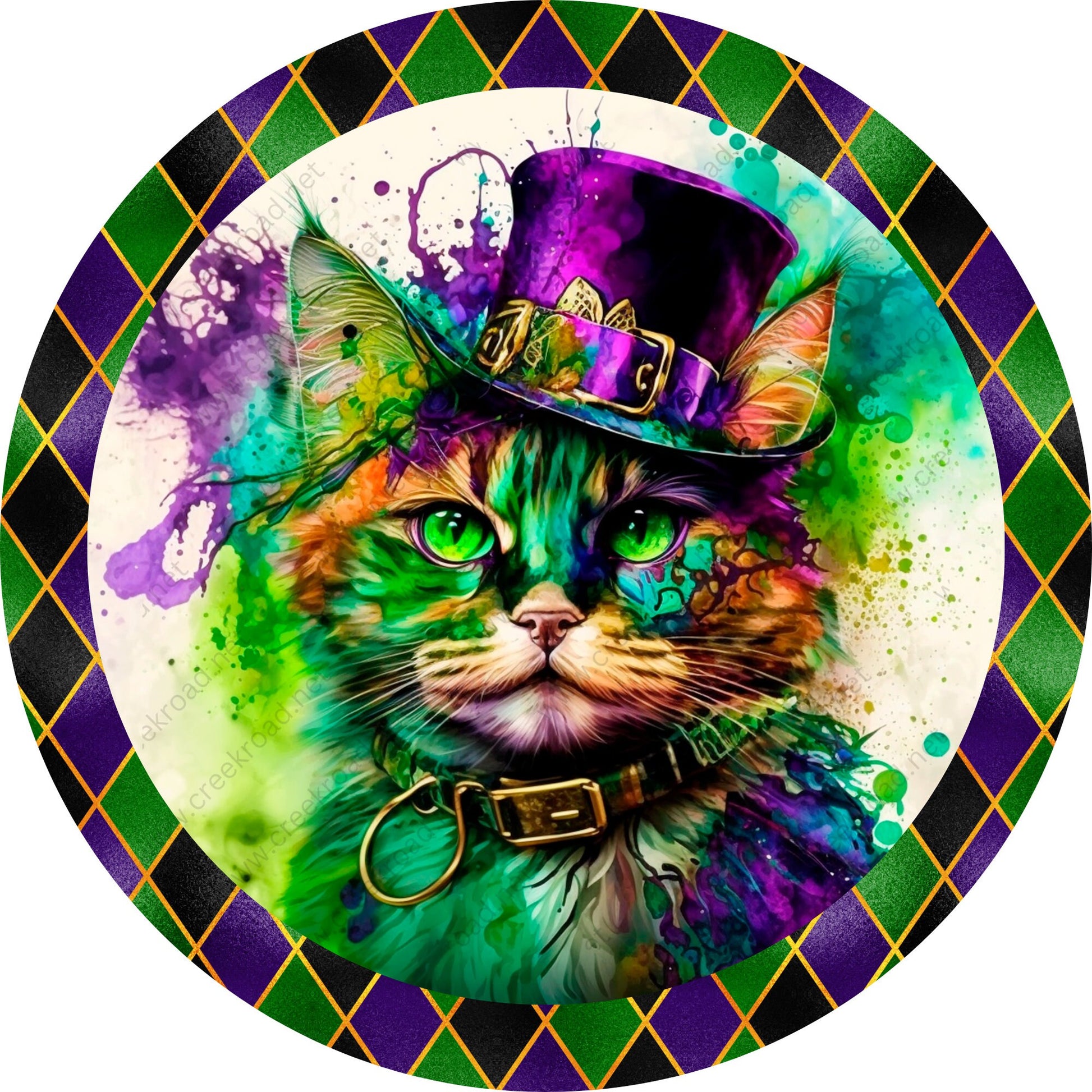 Mardi Gras Party Cat Foil Border Appearance Wreath Sign-Purple, Green, and Gold-Metal-Sublimation-Deocr-Aluminum