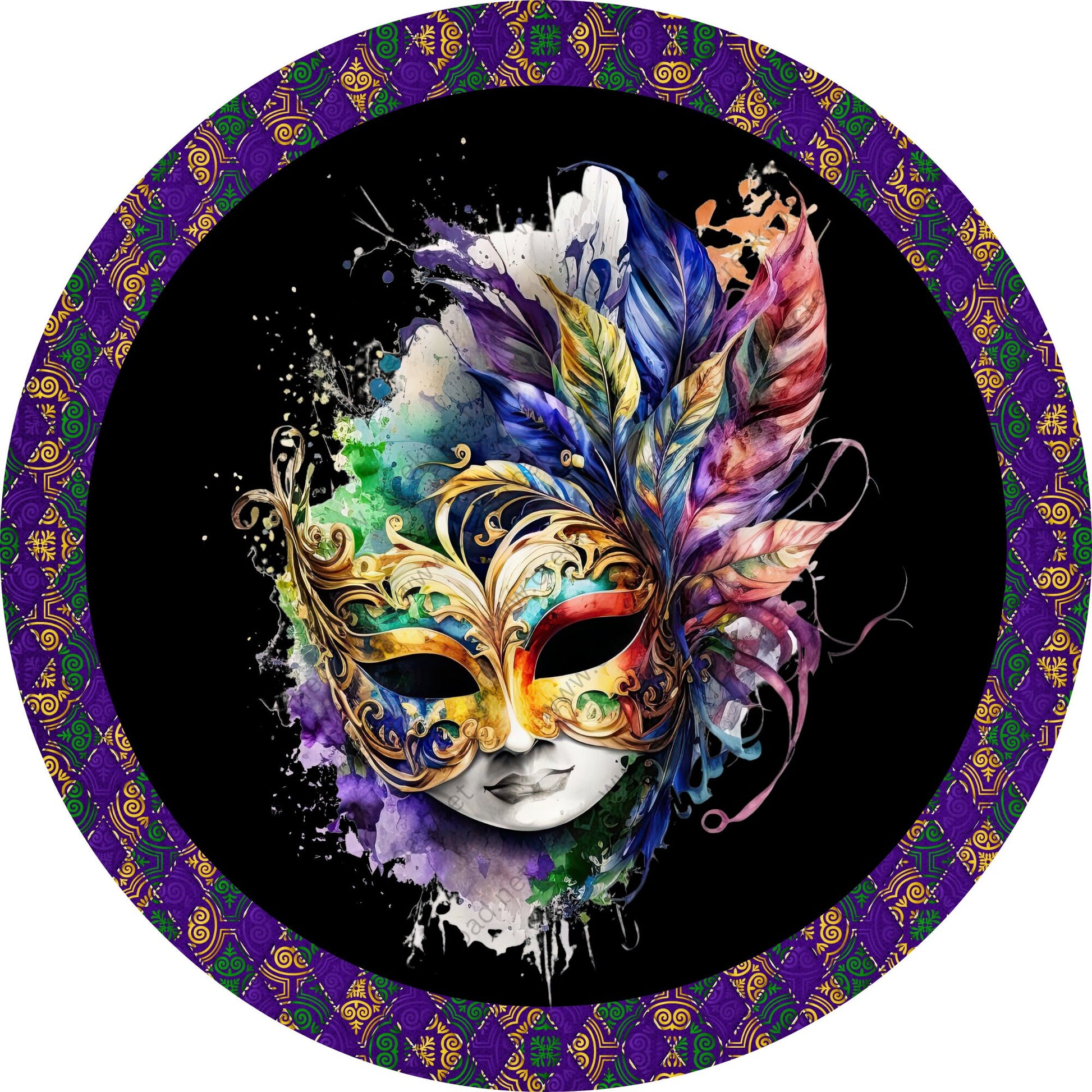 Mardi Gras Mask Head Dress Wreath Sign-Purple, Green, and Gold-Metal-Sublimation-Deocr-Aluminum