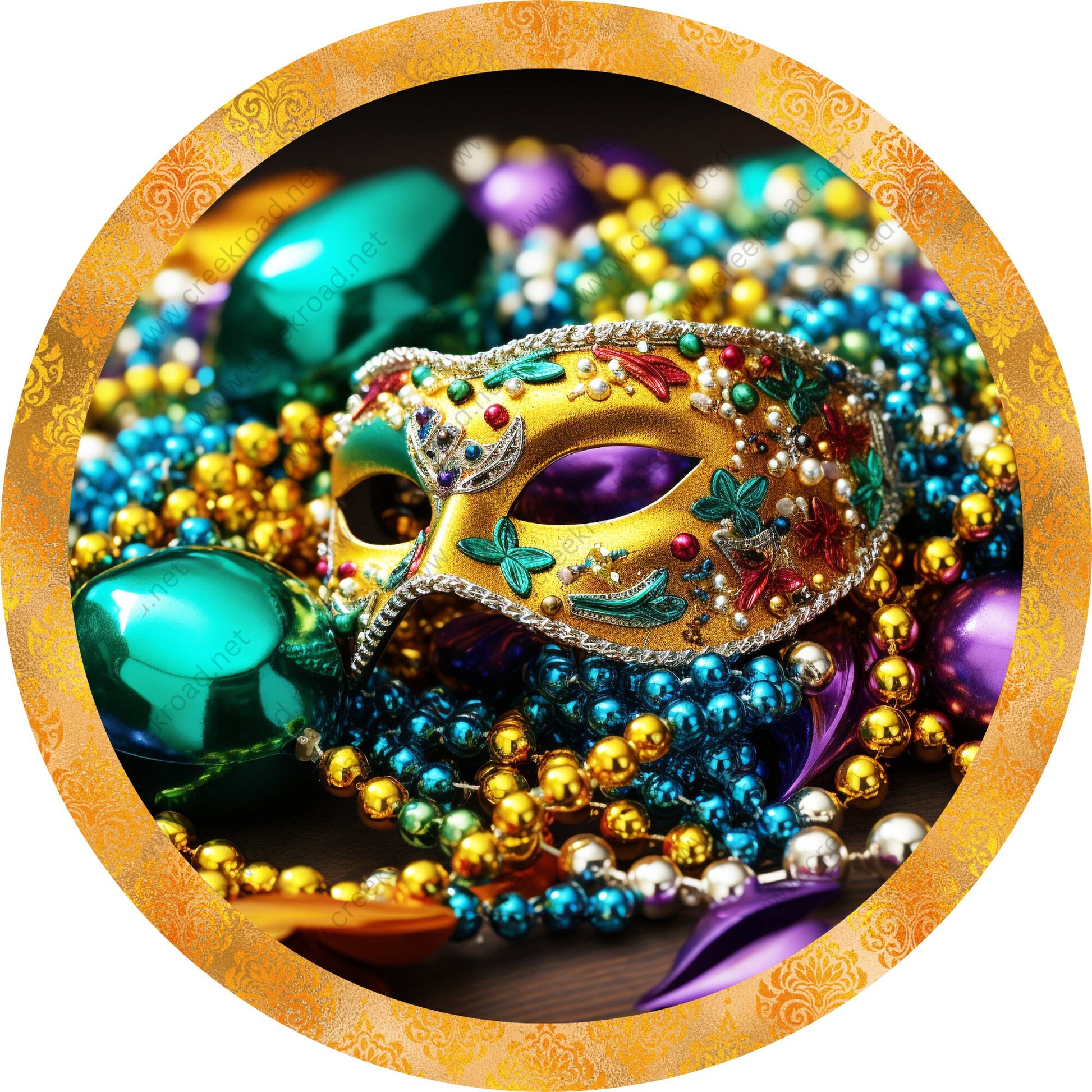 Mardi Gras Mask & Beads Gold Border Wreath Sign-Purple, Green, and Gold-Metal-Sublimation-Deocr-Aluminum