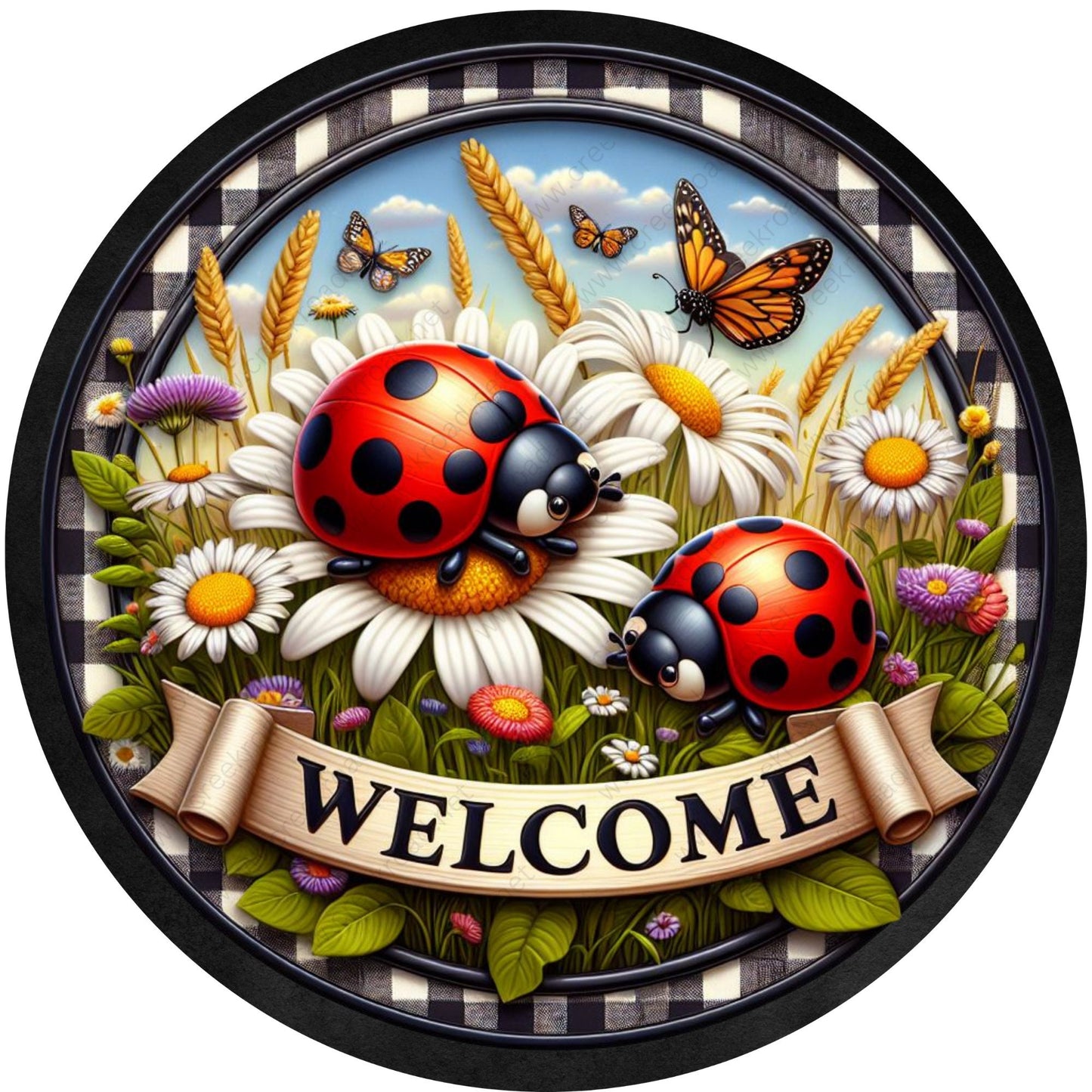 Welcome Lady Bug Butterfly Checkered Border Wreath Sign-Sublimation-Spring-Attachment-Decor-