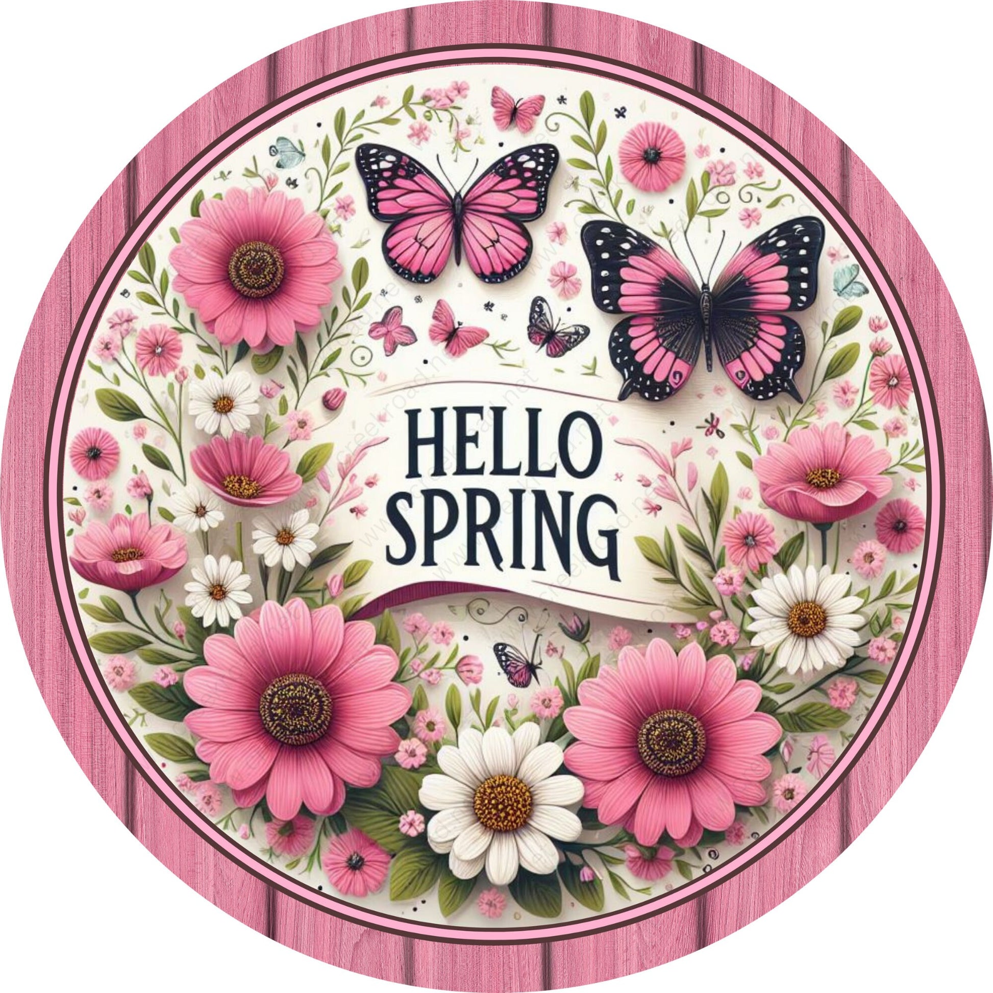 Hello Spring Pink White Daisies Butterflies Wreath Sign-Sublimation-Spring-Attachment-Decor