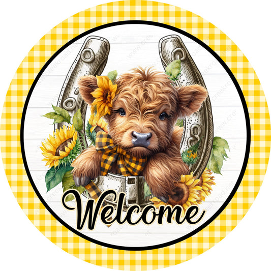 Welcome Spring Highland in Lucky Horseshoe Checkered Border Wreath Sign Attachment-Sublimation-Round-Summer Decor