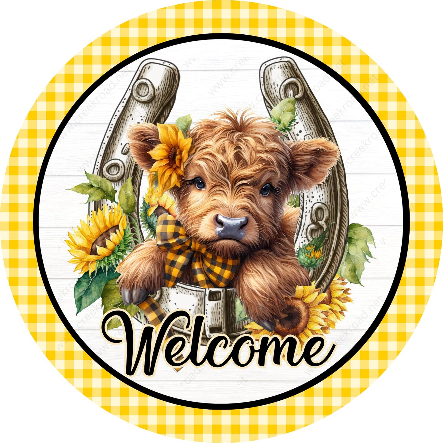 Welcome Spring Highland in Lucky Horseshoe Checkered Border Wreath Sign Attachment-Sublimation-Round-Summer Decor