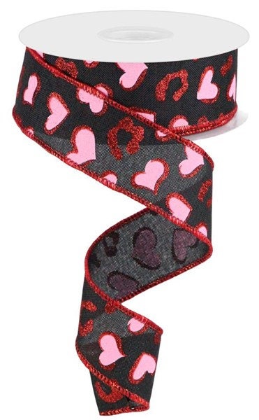 1.5" X 10Yd Wired Ribbon-Heart Leopard Spots-Pink Black Red-RGC1894WJ-Wreaths-Crafts-Decor-Valentines