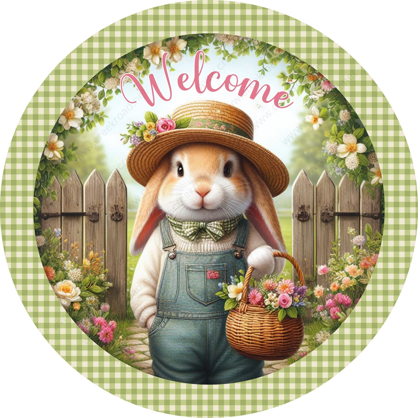 Welcome Gardening Spring Rabbit Basket Flowers Green Checkered Wreath Sign-Sublimation-Spring-Easter-Attachment-Decor