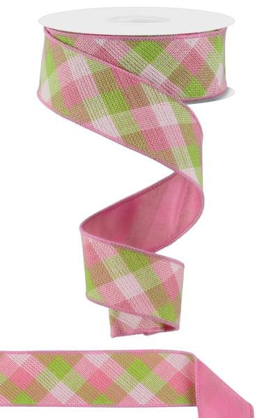 1.5" X 10Yd Wired Ribbon-Diag Woven Check/Pg Fused-Lt Pink/Green/White-RGX011215-Wreaths-Crafts-Decor-Seasonal