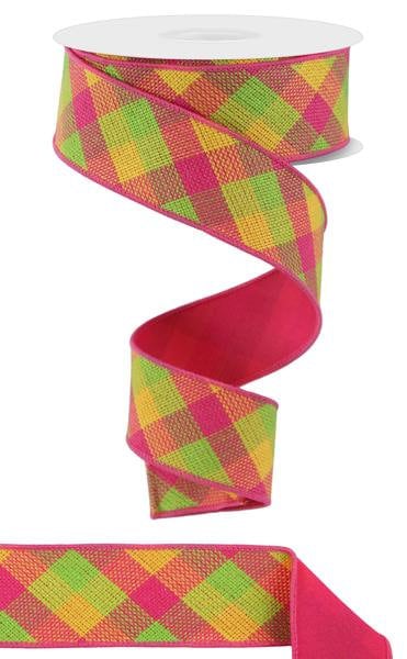 1.5" X 10Yd Wired Ribbon-Diag Woven Check/Pg Fused-Hot Pink/Lime/Yellow-RGX011285-Wreaths-Crafts-Decor-Seasonal