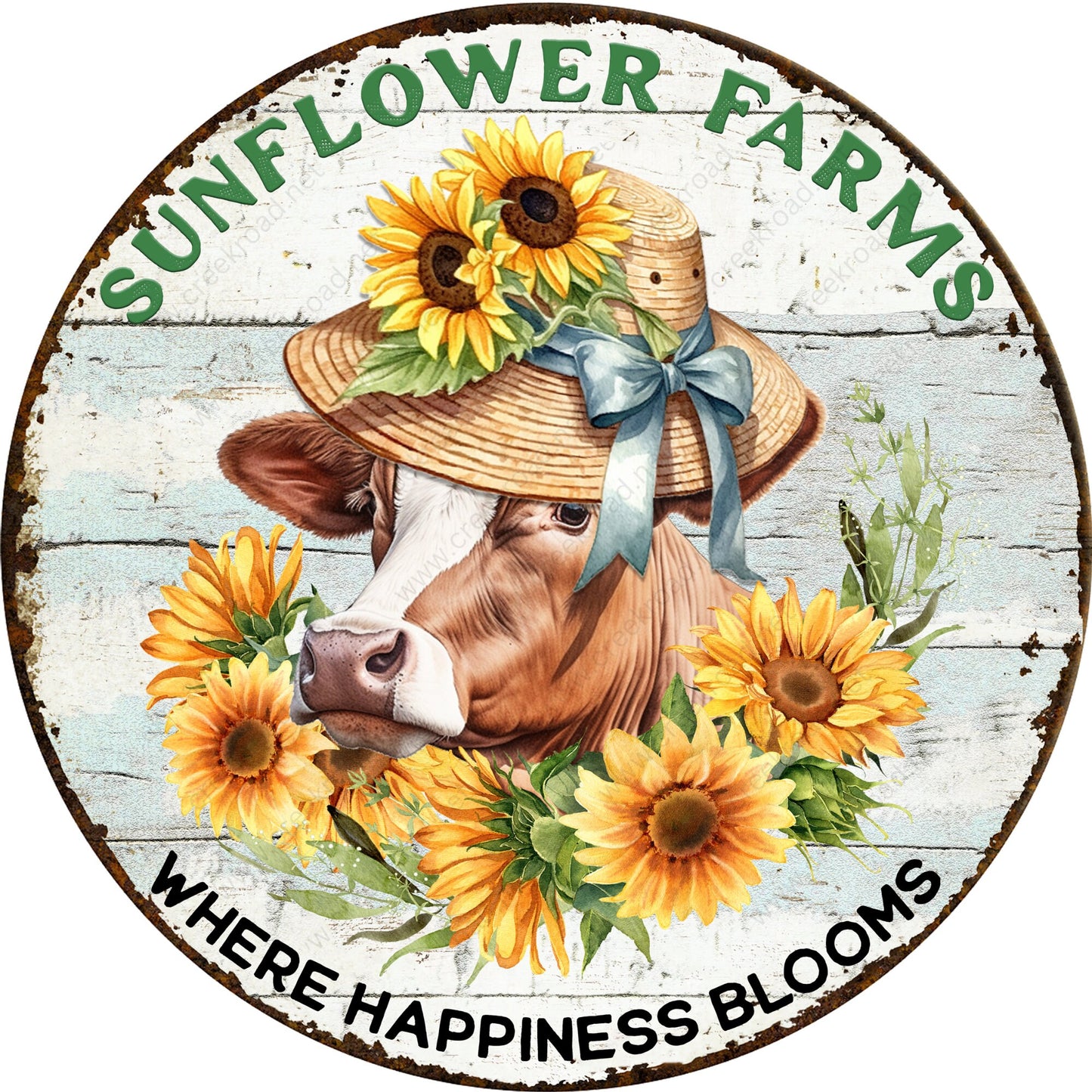 Sunflower Farms Spring Cow Sunflowers Distressed Rusted Border Wreath Sign-Round-Sublimation-Spring-Decor