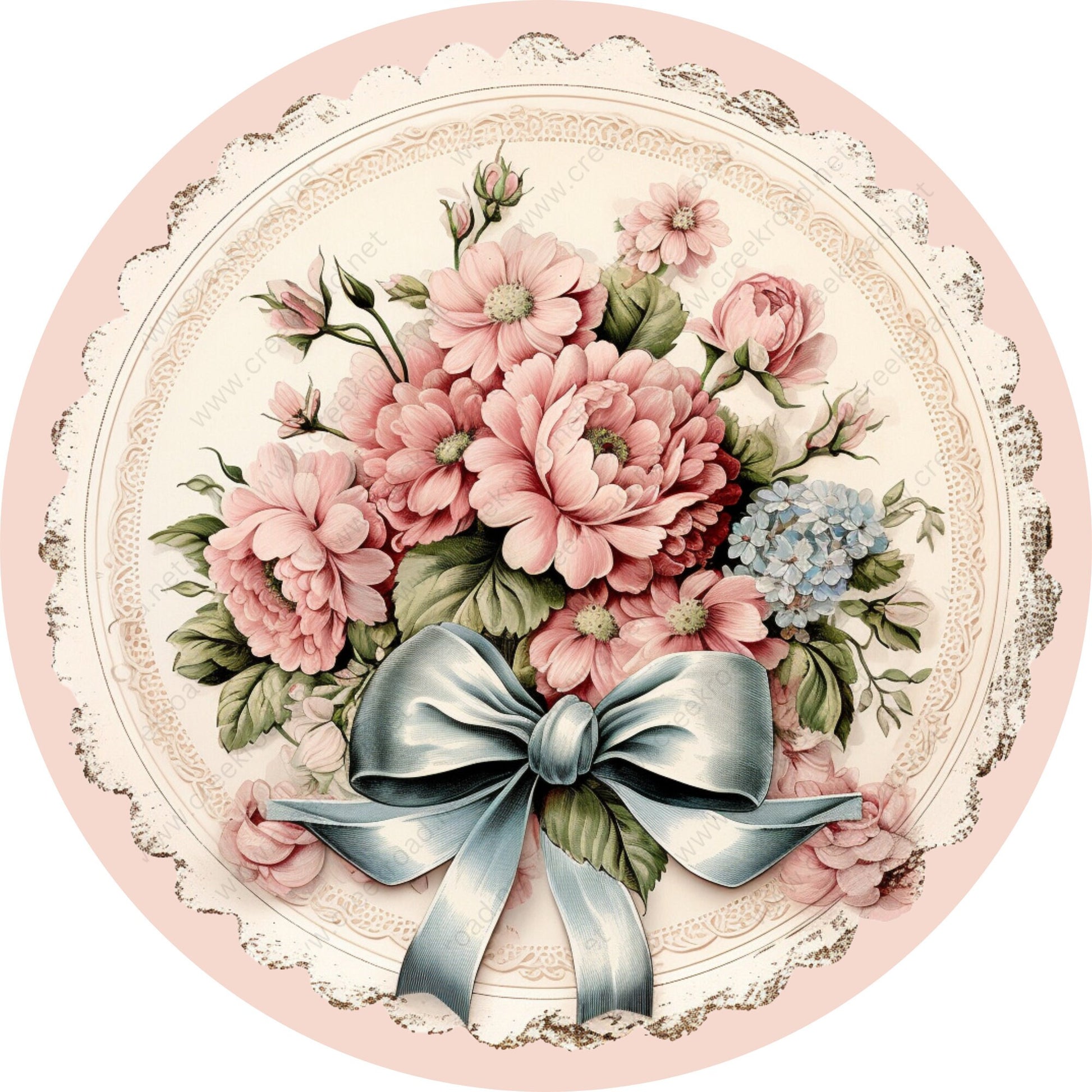 Pink Flower with Blue Bow Wreath Sign-Round-Sublimation-Spring-Decor