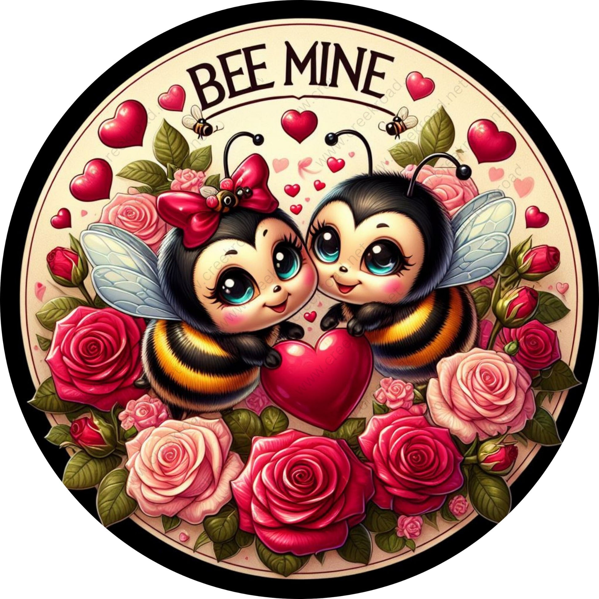 Bee Mine Valentine Honey Bees Roses Hearts-Wreath Sign-Aluminum-Valentines-Decor