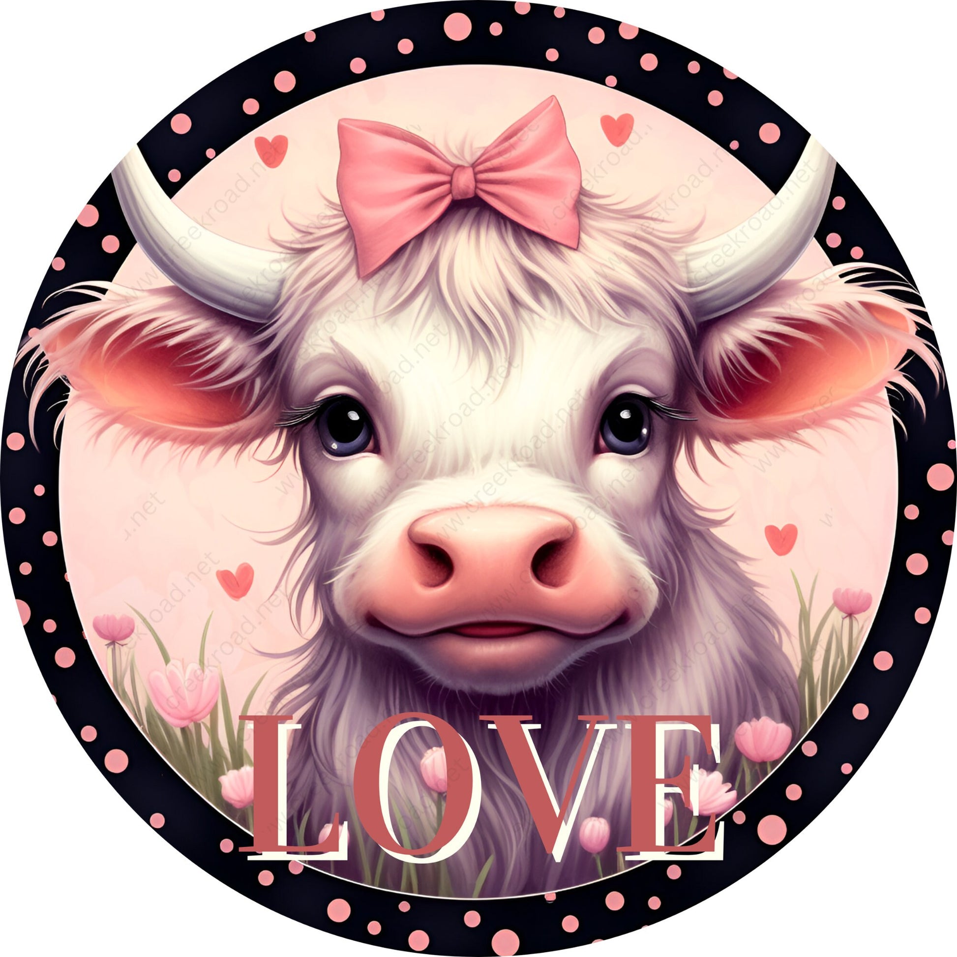 Love Cow with Pink Bow Wreath Sign-Aluminum-Valentines-Decor