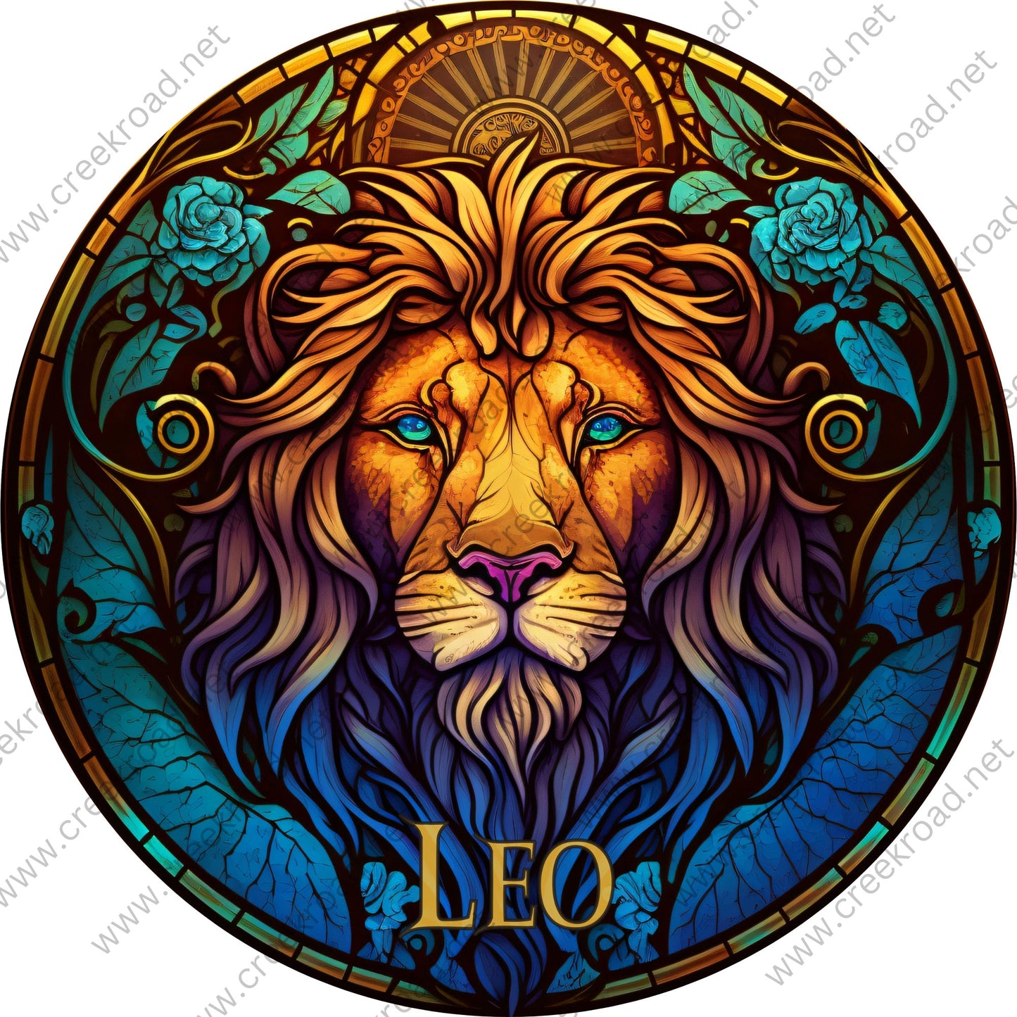 Leo the Lion Astrological Sign FAUX Stained Glass Wreath Sign-Teal Orange-Flowers-Everyday-Sublimation-Attachment-Decor