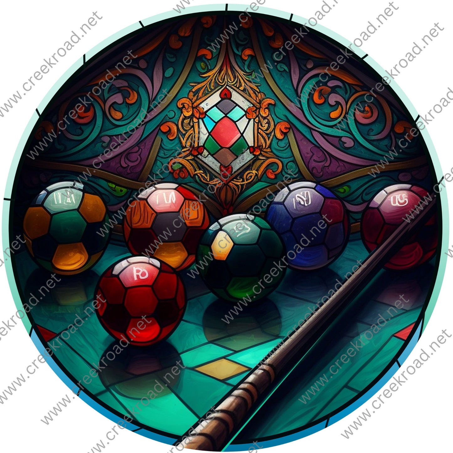 Colorful Billiard Balls with Cue Stick Faux Stained Glass Wreath Sign-Vintage-Everyday-Wreath Sign-Sublimation-Attachment