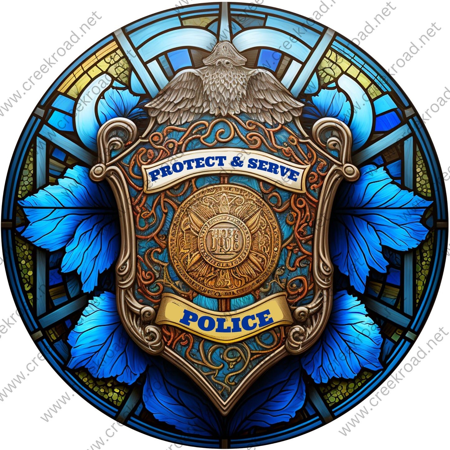 Protect & Serve Police Shield Faux Stained Glass Wreath Sign-Decor-Everyday