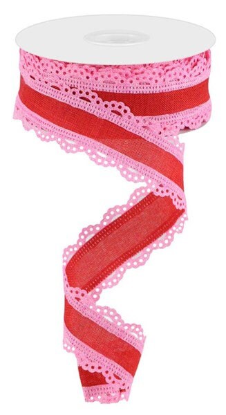 1.5" X 10Yd Wired Ribbon-Red Pink Scalloped Edge Royal Burlap-RGA15418F-Wreaths-Crafts-Decor-Valentines