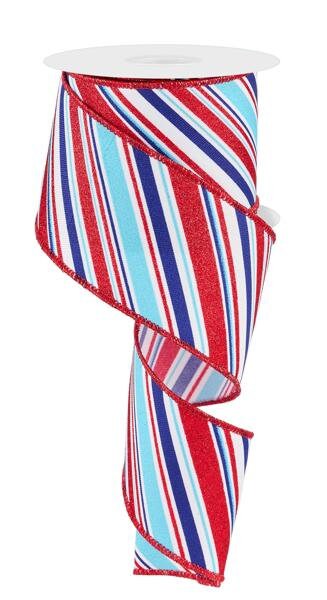 2.5" X 10Yd Wired Ribbon-Diagonal Stripe-RGE1825KY-White/Lt Blue/Royal/Red-Supplies-Crafts-Seasonal