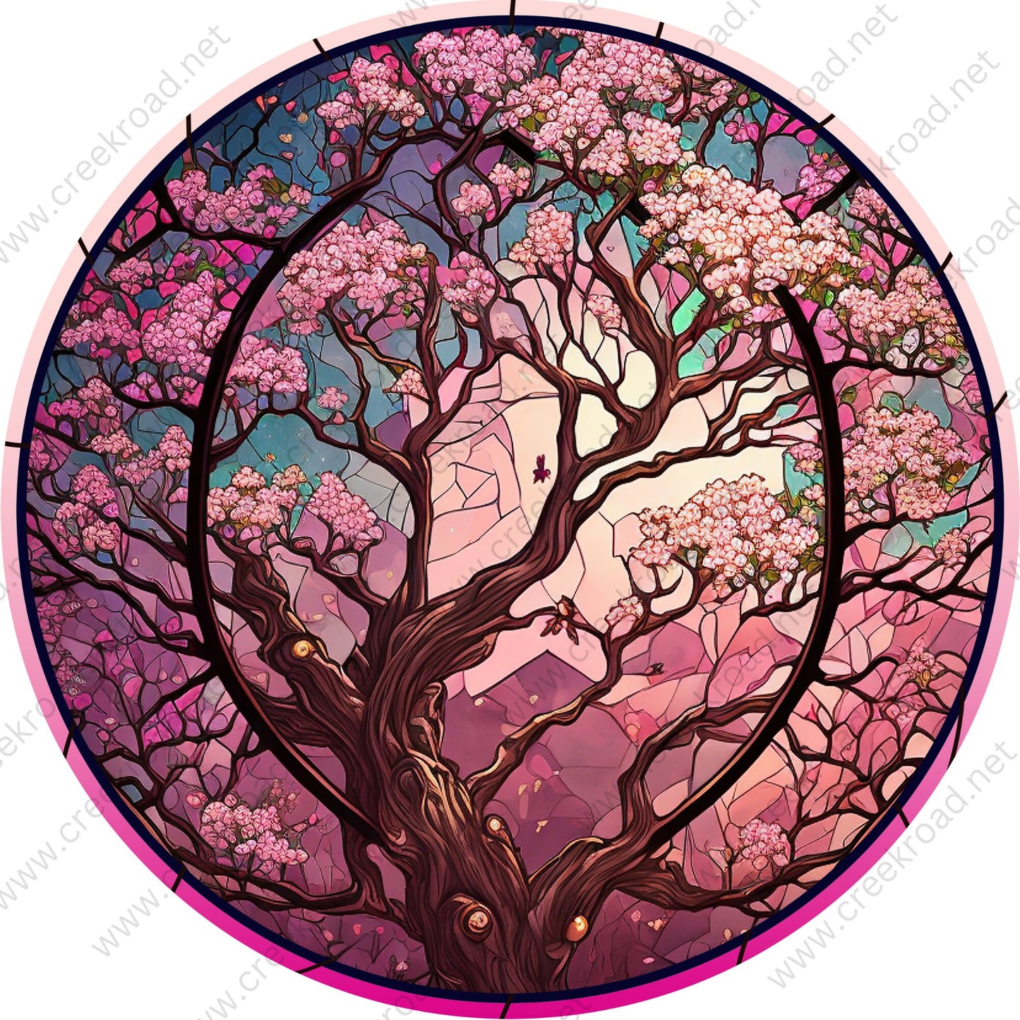 Pink Blooming Apple Blossom Tree Faux Stained Glass Wreath Sign-Pink Brown-Everyday-Wreath Sign-Sublimation Sign-Wreath Attachment