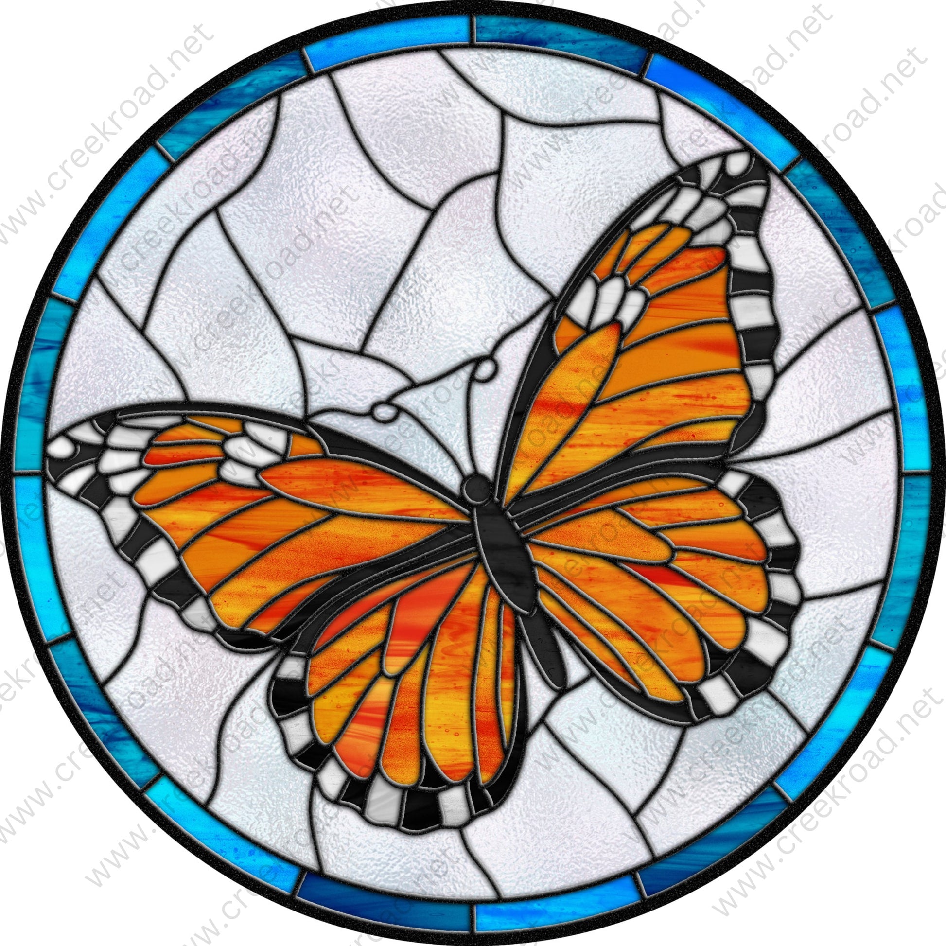 Lone Monarch Butterfly Branch Faux Stained Glass Wreath Sign-Blue Orange Black-Everyday-Wreath Sign-Sublimation Sign-Wreath Attachment