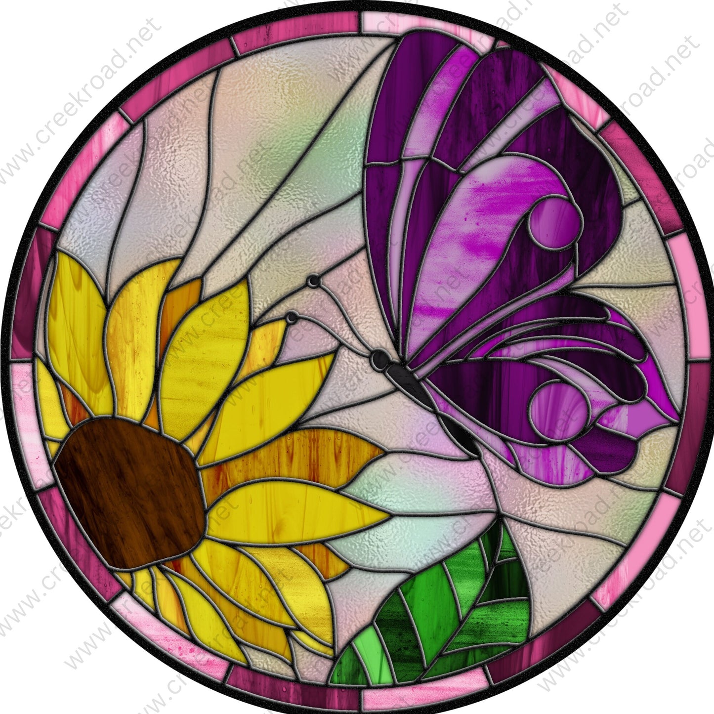 Purple Butterfly on Sunflower Faux Stained Glass Wreath Sign -Yellow Green - Everyday - Wreath Sign - Sublimation Sign - Wreath Attachment