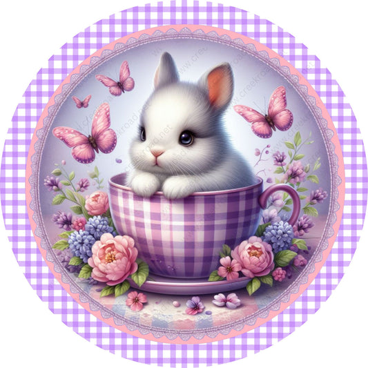 Easter Bunny In Teacup Black White Checkered Eggs Wreath Sign-Sublimation-Easter-Attachment-Decor-Easter