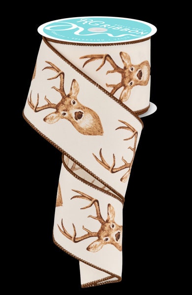 2.5" X 10Yd Wired Ribbon-Deer Head On Diagonal-RGF114337-Wreaths-Crafts-Decor-Everyday