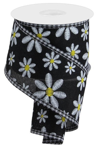 2.5" X 10Yd Wired-Faux Embroidery Daisy/Check-RGA861502-Black/White/Yellow-Wreaths-Crafts-Decor