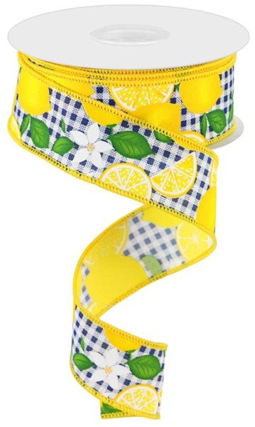 1.5" X 10Yd Wired-Lemon W/Leaves/Check-RGC1662E7-White/Navy/Yllw/Grn-Wreaths-Crafts-Decor