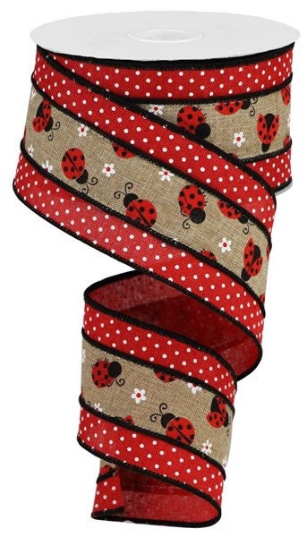 2.5" X 10Yd Wired-2-In-1 Ladybugs On Swiss Dots-RG0817101-Wreaths-Crafts-Decor