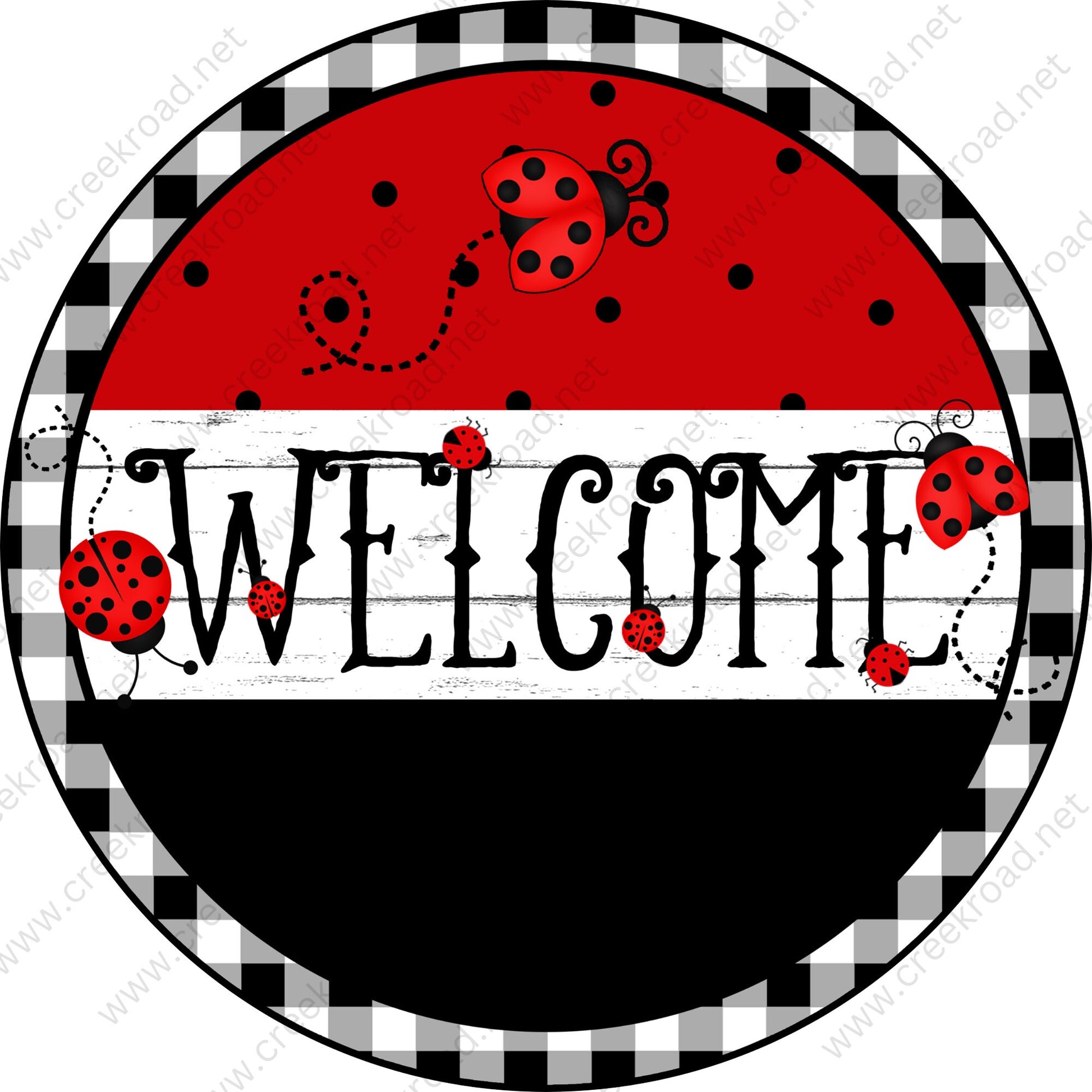 Welcome Spring Red Lady Bugs on Black White Checkered Border Wreath Sign-Sublimation-Aluminum-Round-Summer-Decor-Round