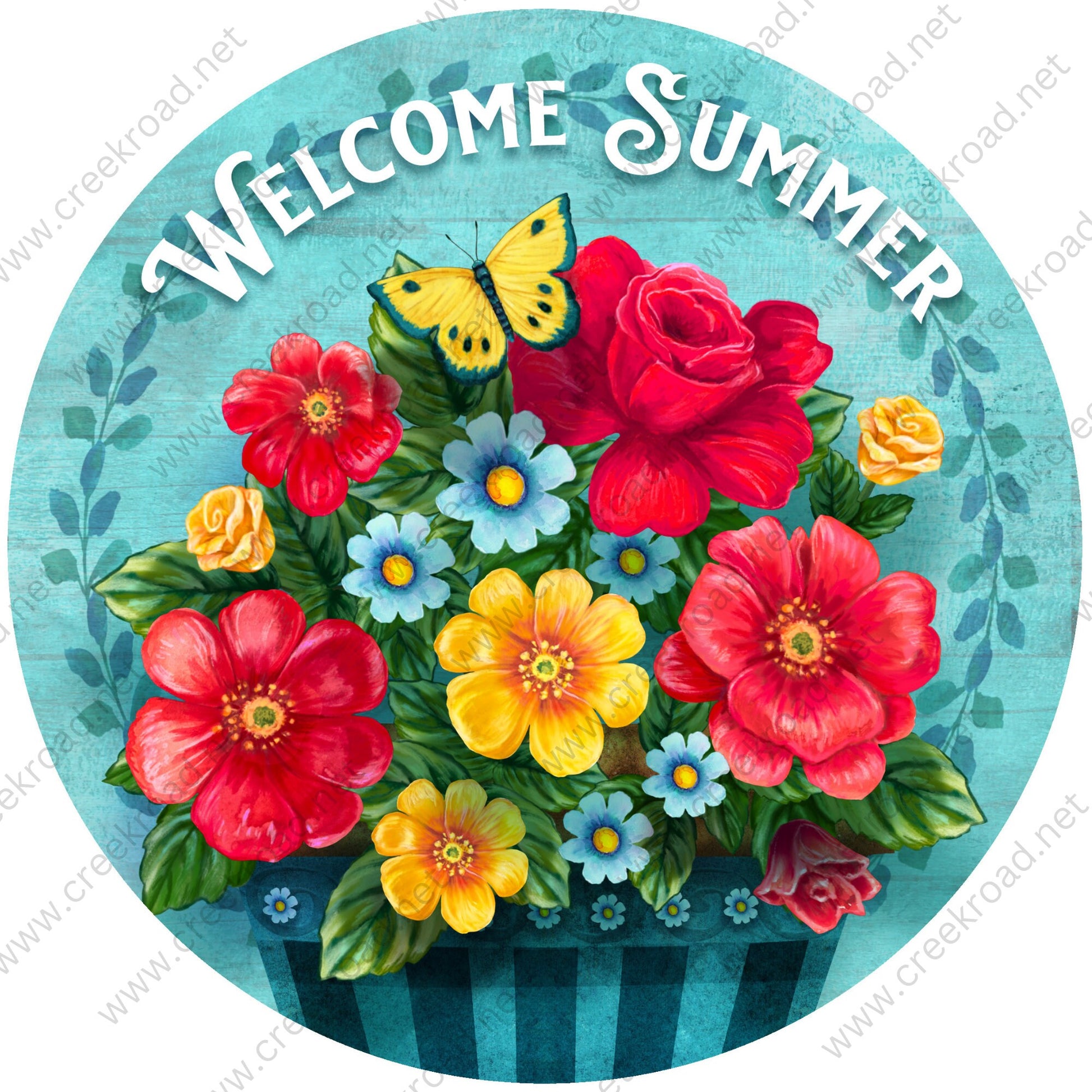 Welcome Summer Flower Pot of Summer Flowers Yellow Butterfly Wreath Sign-Blank-Sublimation-Aluminum-Attachment-Decor-Spring-Summer