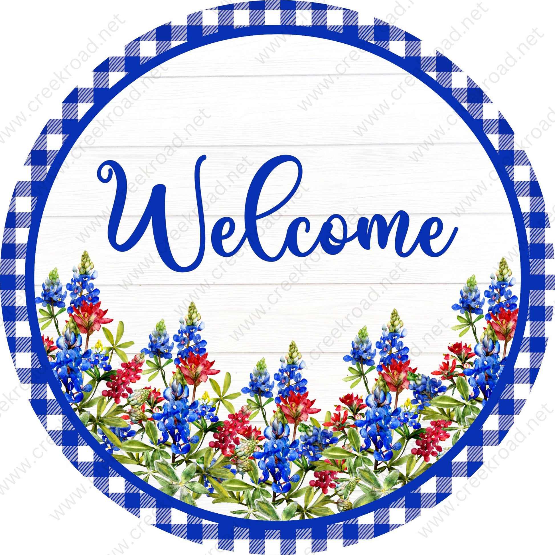 Welcome Spring Bluebonnets on White Shiplap Blue White Gingham Border Spring Wreath Sign-Sublimation - Spring-Summer-Metal Sign-