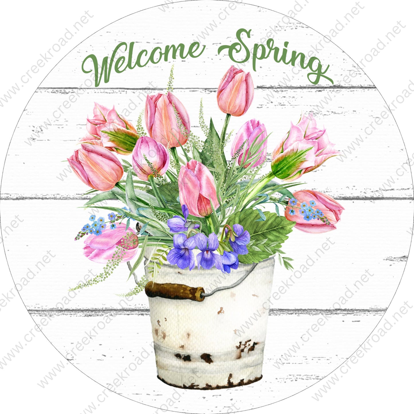 Welcome Spring Flower Can Pink Purple Flowers with Shiplap Background Wreath Sign - Sublimation - Spring - Metal Sign