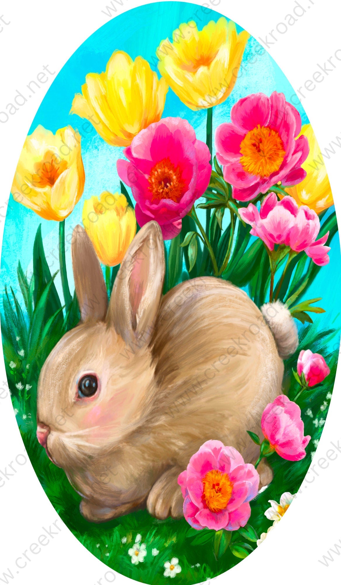 Spring Bunny In the Meadow of Florals Spring Easter Sign -Oval 7" x 12" - Sublimation - Wreath Sign - Metal Sign