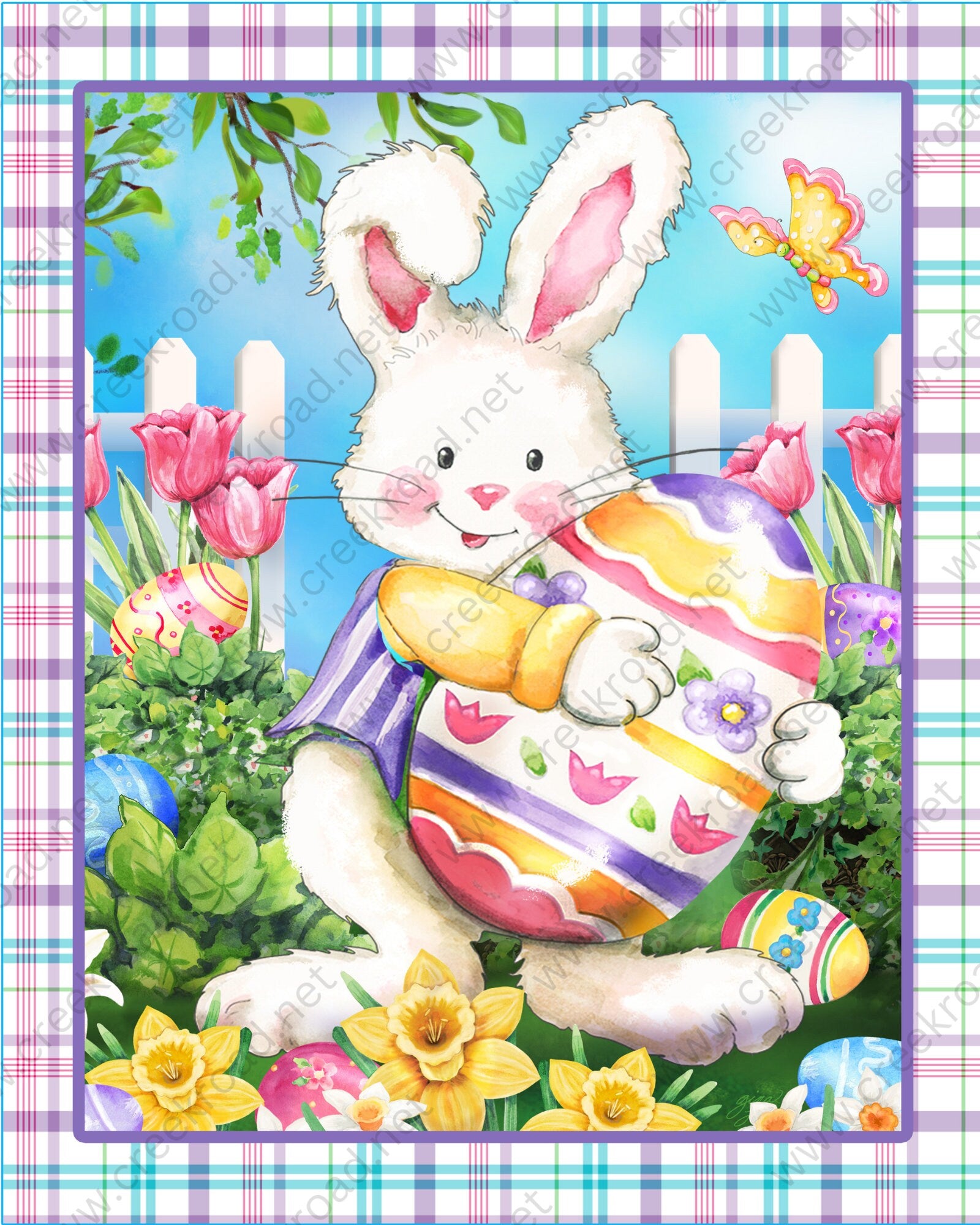 Easter Bunny Holding Egg in Flower Garden with Plaid Border- 8" x 10" Rectangle-Sublimation-Wreath Sign-Attachment