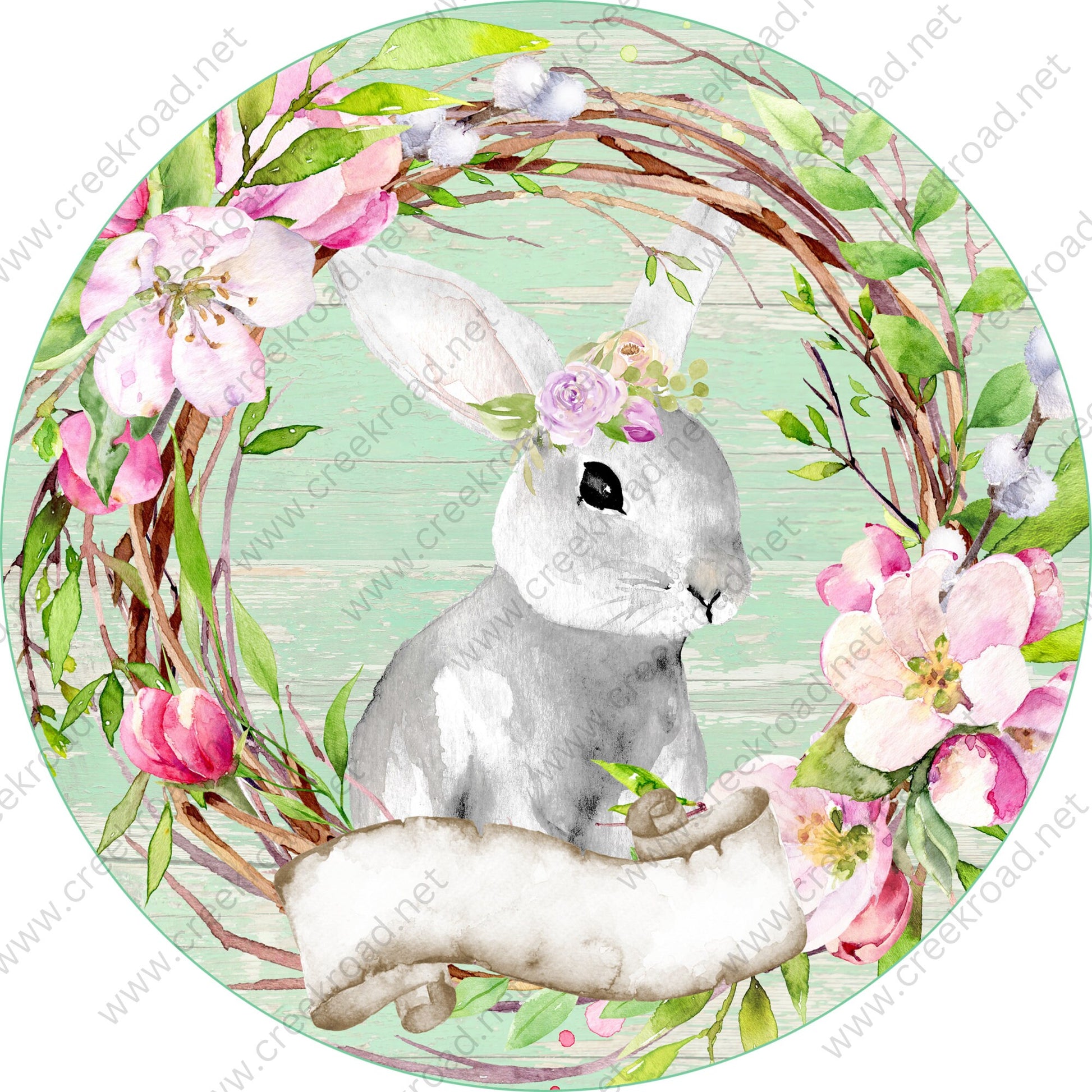 Grey Bunny in Center of Grapvine Wreath with Floral attachments Blank -Easter-Sublimation-Wreath Sign-Attachment