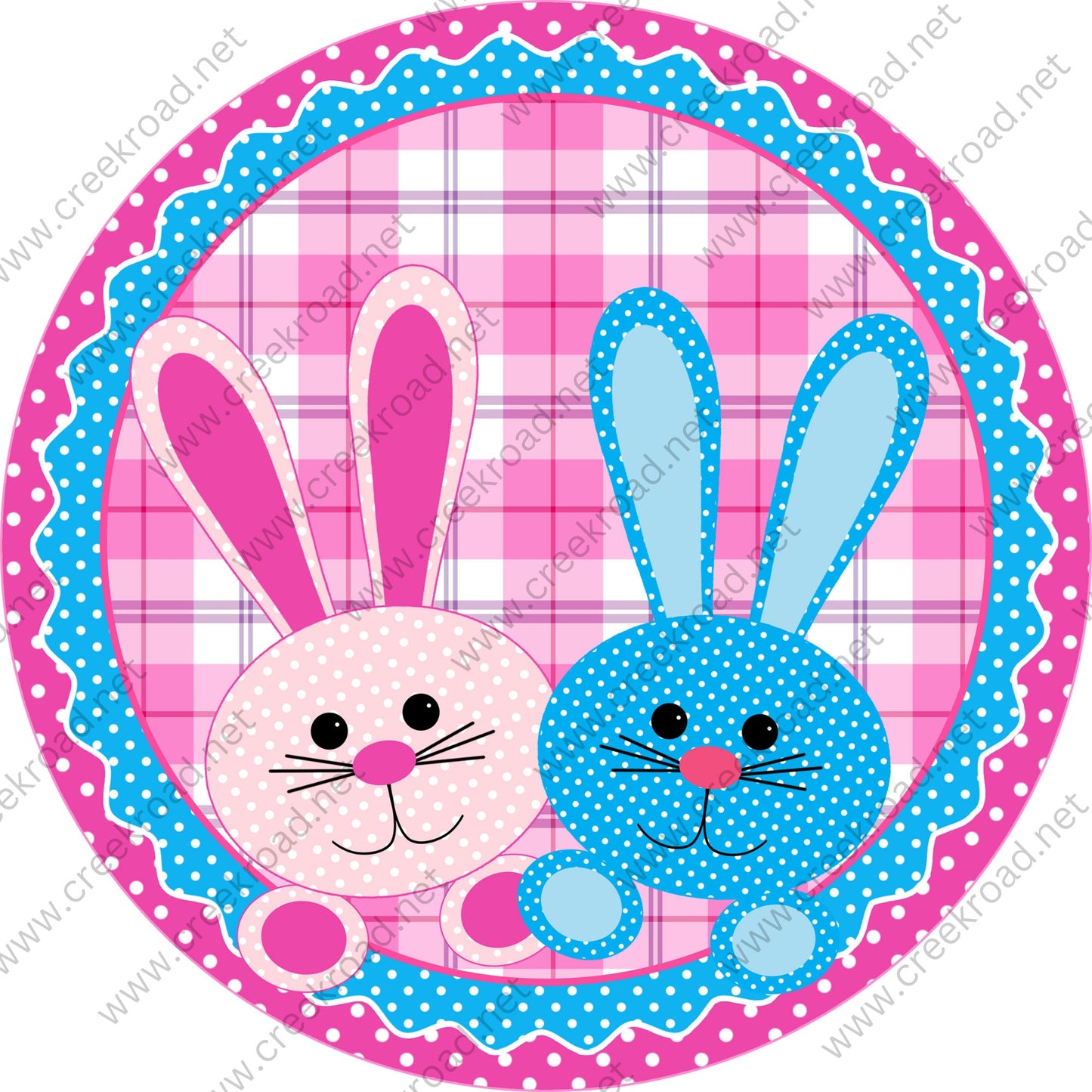 Hot Pink Blue Bunny Rabbits Pink Blue White Polka Dot Border Pink Plaid Background -Easter-Sublimation-Wreath Sign-Attachment