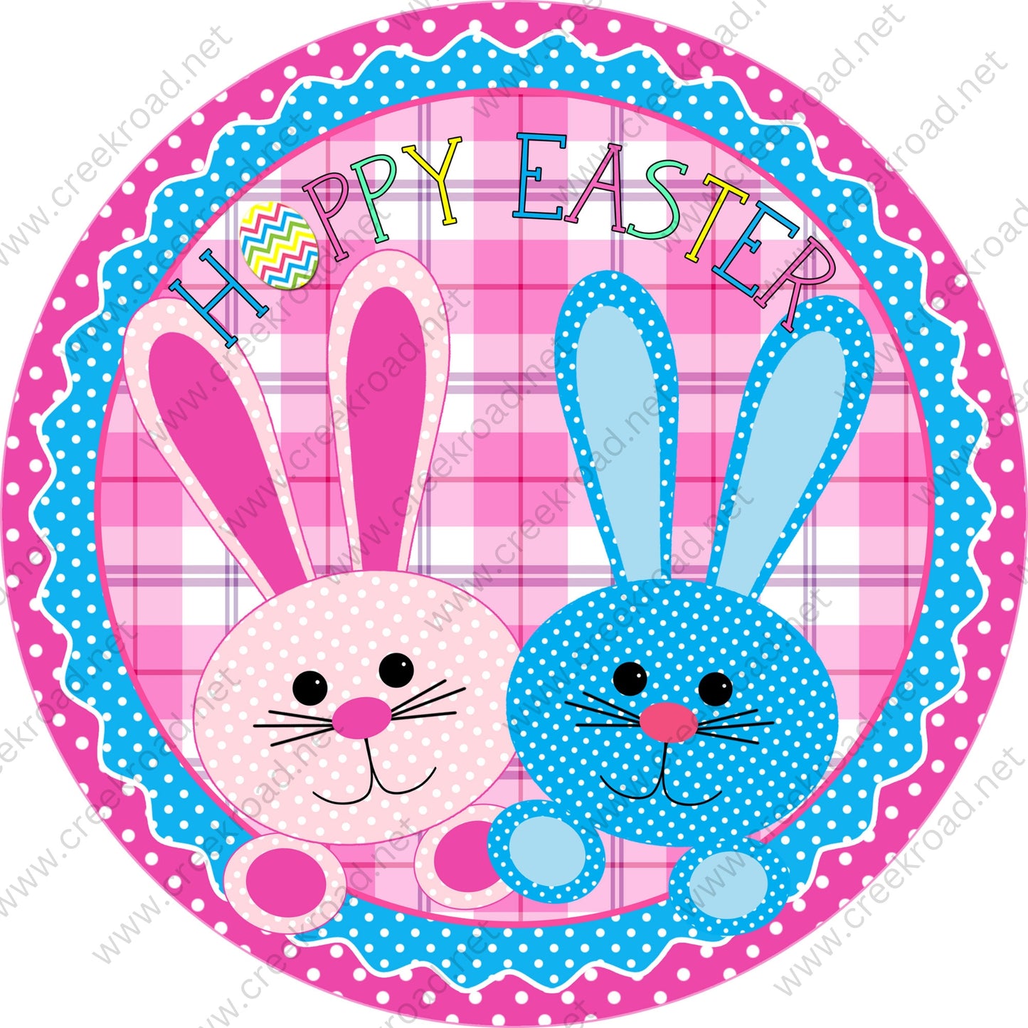 Hoppy Easter Hot Pink Blue Bunny Rabbits Pink Blue White Polka Dot Border Pink Plaid Background -Easter-Sublimation-Wreath Sign-Attachment