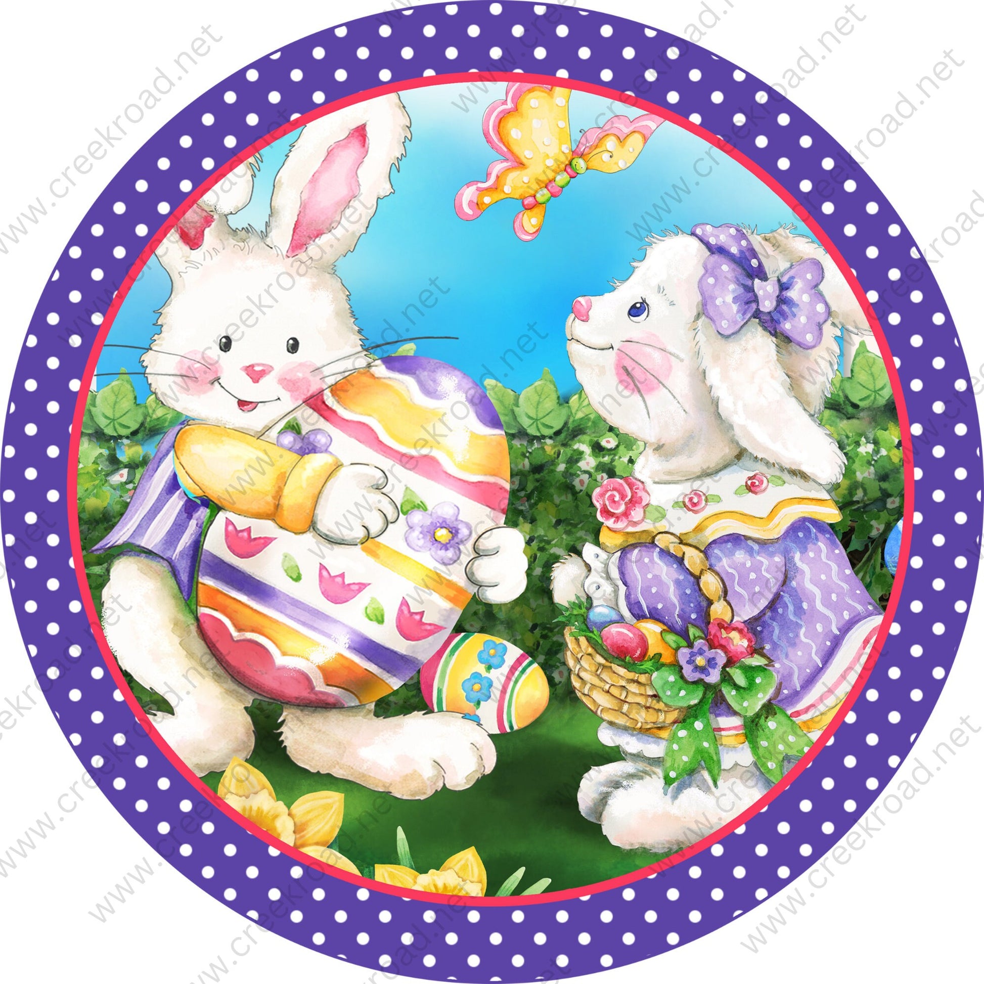 Easter Bunnies on an Egg Hunt Purple White Polka Dot Border Blank Sign-Sublimation-Wreath Sign-Attachment