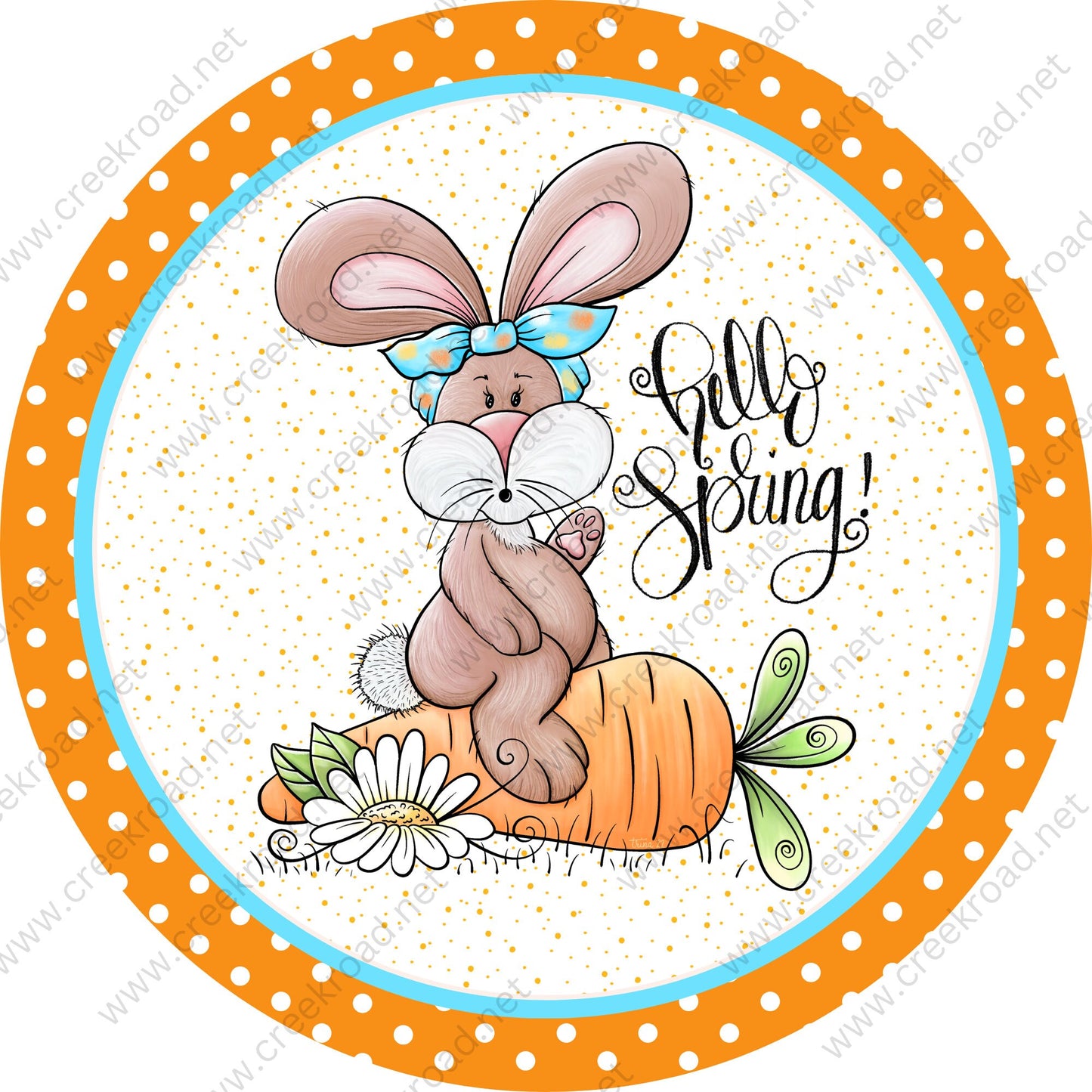 Hello Spring Easter Bunny Sitting on His Carrot Orange White Polka Dot Border-Easter-Sublimation-Wreath Sign-Attachment-Spring