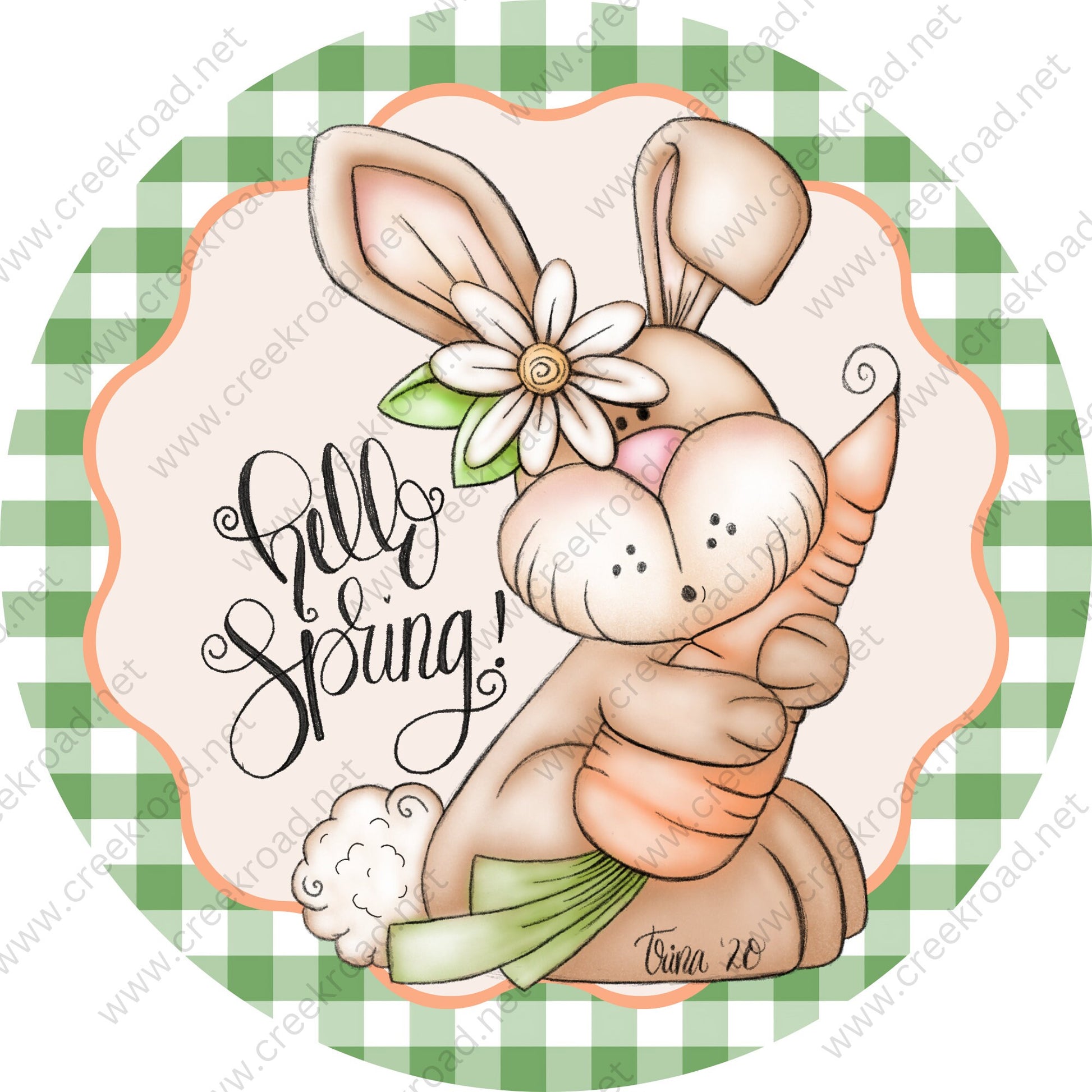 Hello Spring Easter Bunny Holding Carrot with Checkered Border- 2 OPTIONS AVAILABLE-Easter-Decor-Sublimation-Wreath Sign-Attachment-Spring