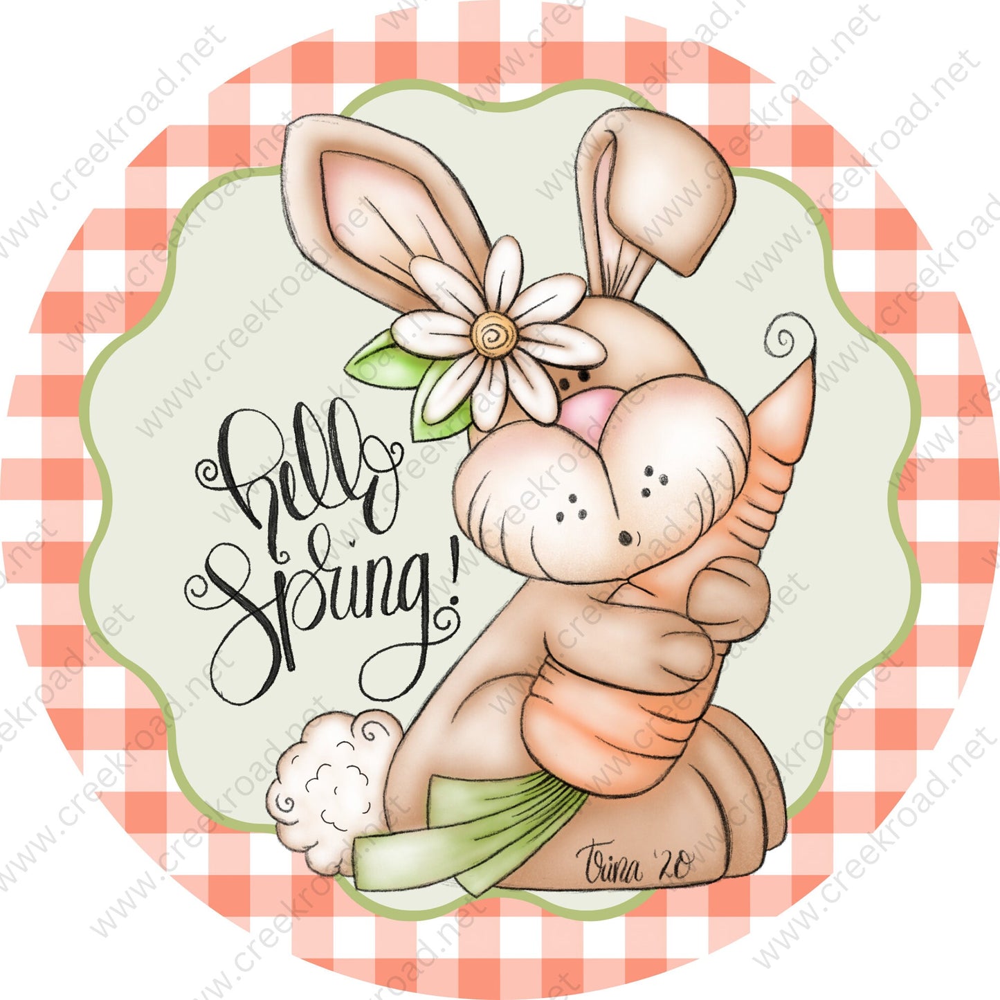 Hello Spring Easter Bunny Holding Carrot with Checkered Border- 2 OPTIONS AVAILABLE-Easter-Decor-Sublimation-Wreath Sign-Attachment-Spring