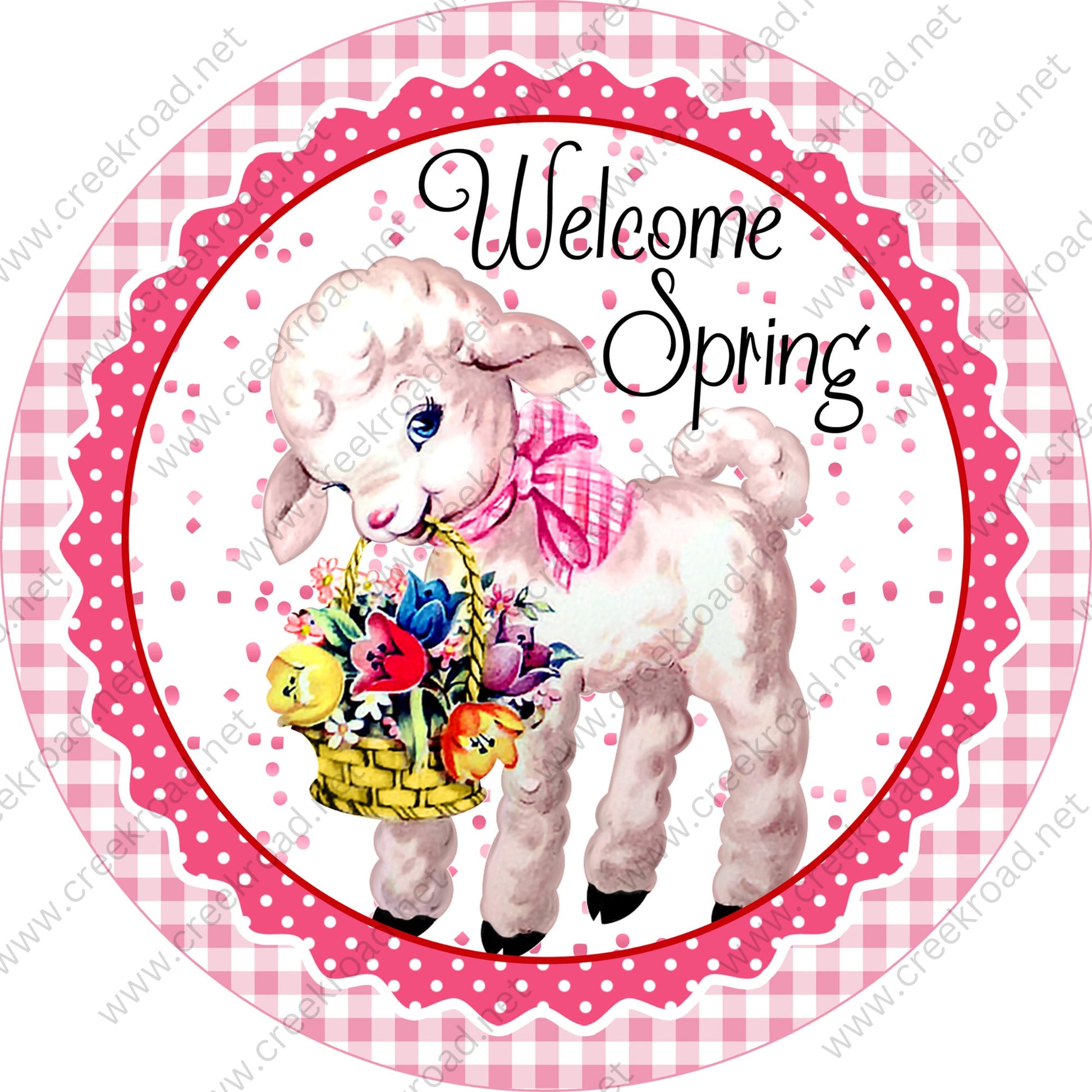 Welcome Spring Lamb Pink Bow Floral Basket in Mouth Pink White Gingham White Polka Dot Background Wreath Sign-Sublimation-Spring-Metal Sign