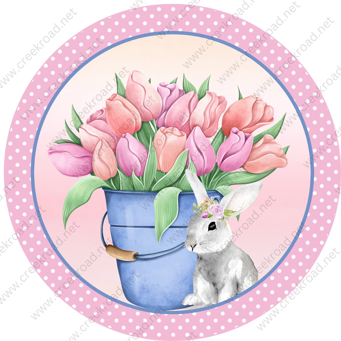 Welcome Bunny with Blue Bucket of Pink Easter Lilies Pink White Polka Dot Border Blank-Easter-Sublimation-Wreath Sign-Attachment