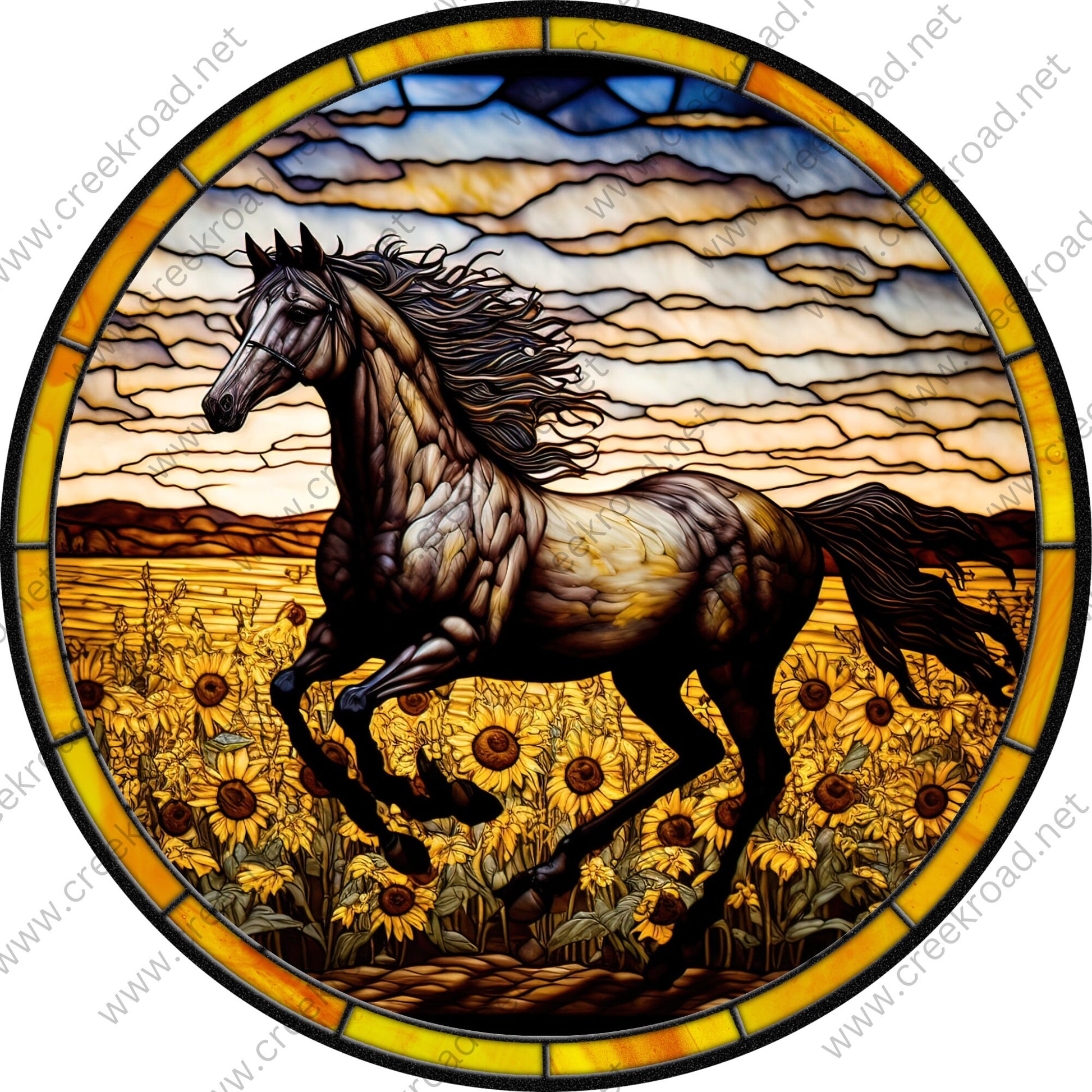 Horse Galloping in Sunflower Field Faux Stained Glass -Flowers-Everyday-Wreath Sign-Sublimation-Attachment-Decor