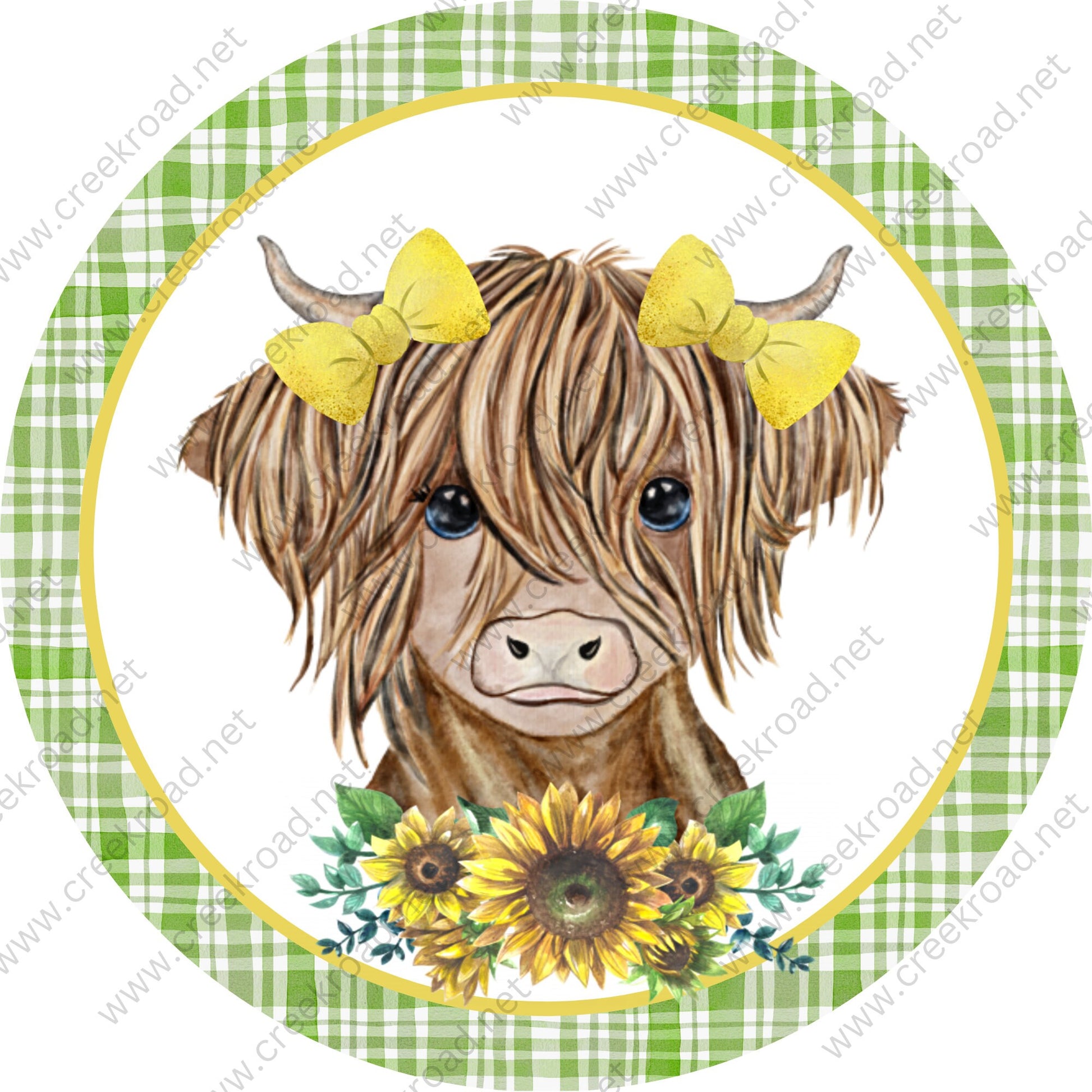 Highland Cow Spring Sunflowers Yellow Bows Green Plaid Yellow Border Wreath Sign - Sublimation - Spring - Metal Sign