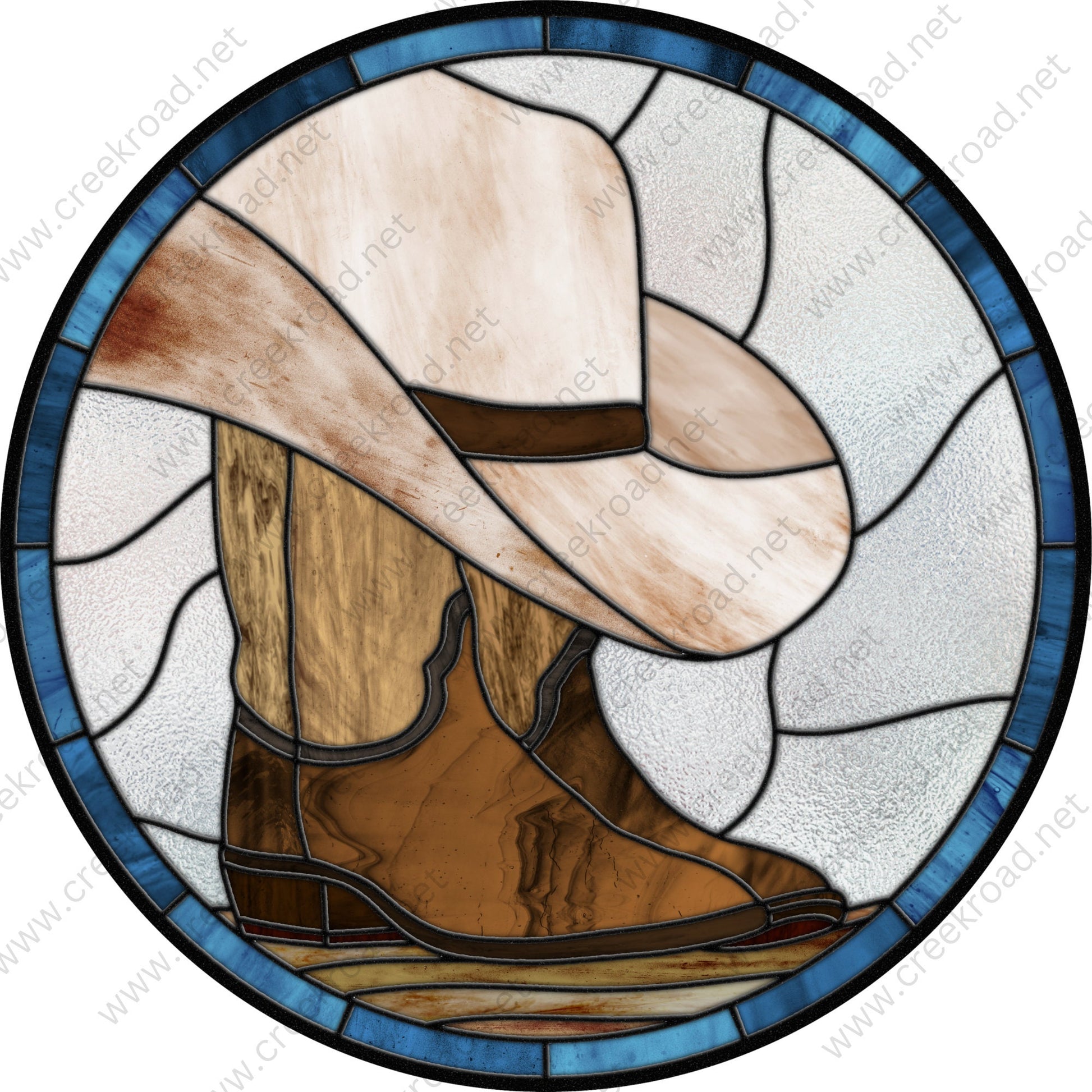 Rodeo Western Cowboy Boots and Hat Faux Stained Glass Wreath Sign-Round-Everyday-Decor-Attachment-Aluminum-Signs