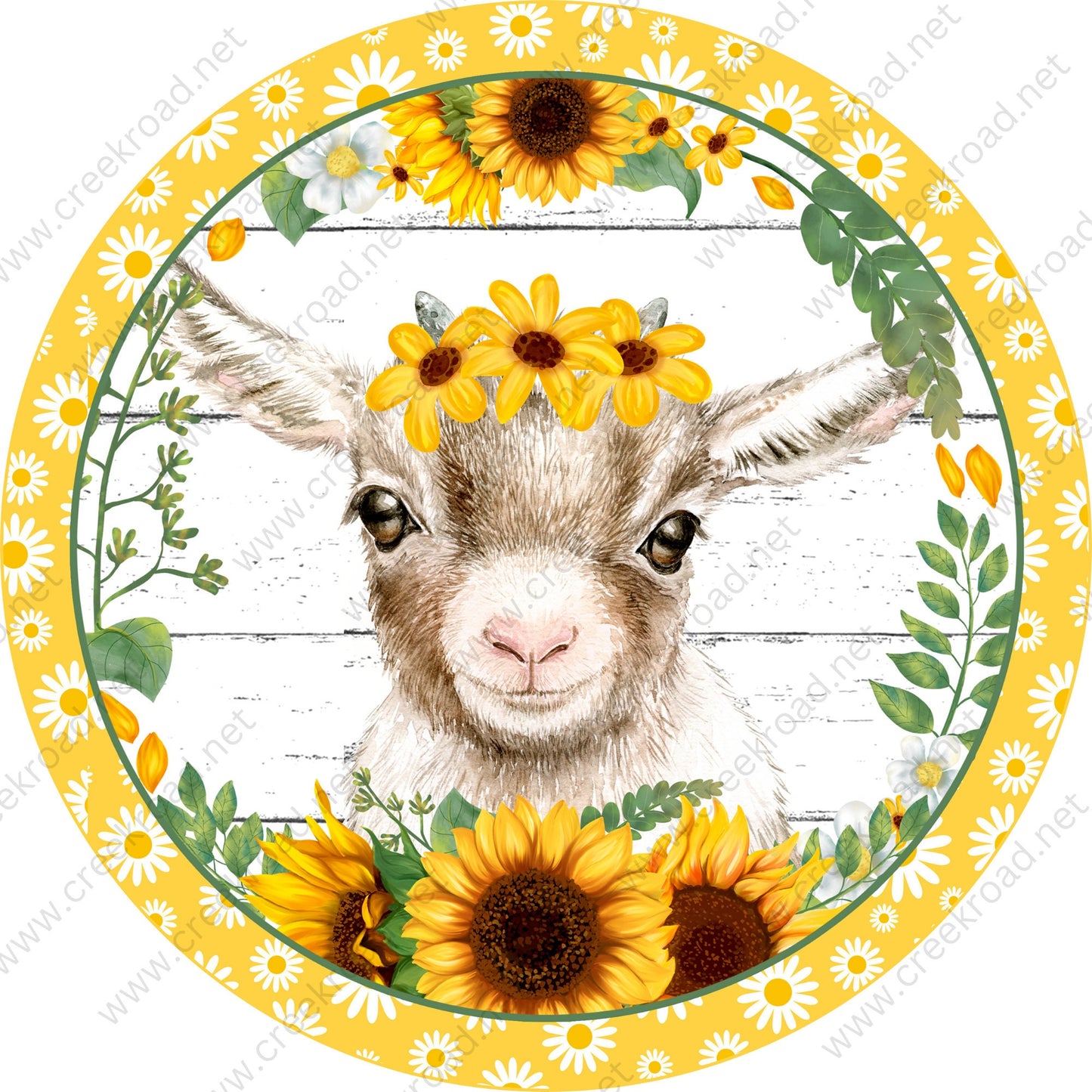 Spring Goat with Sunflowers on Distressed Shiplap Background Yellow Daisy Border Wreath Sign-Sublimation-Aluminum-Round-Spring-Summer-Decor