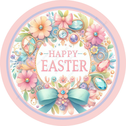 Happy Easter Pastel Floral Egg Bow Wreath Sign-Sublimation-Easter-Attachment-Decor-Easter